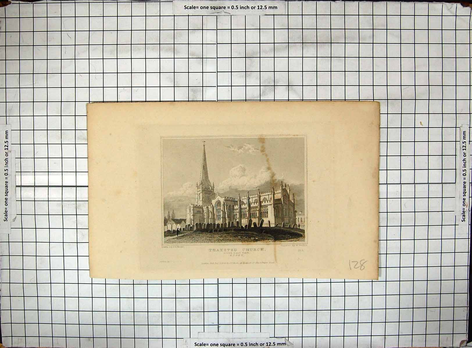 Old Print Engraving 1826 Thaxsted Church Essex Architecture Neale Wallis 19th