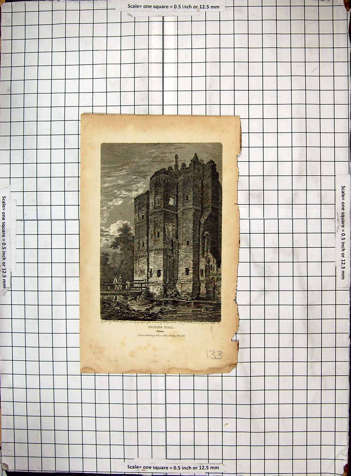 Antique Old Print Engraving 1806 Nether Hall Essex Moat Bridge Architecture