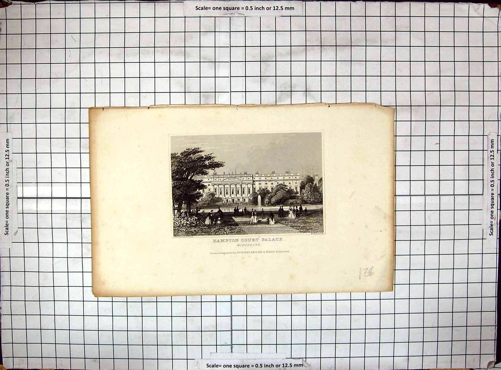 Original Old Antique Print Engraving Hampton Court Palace Middlesex Dugdales