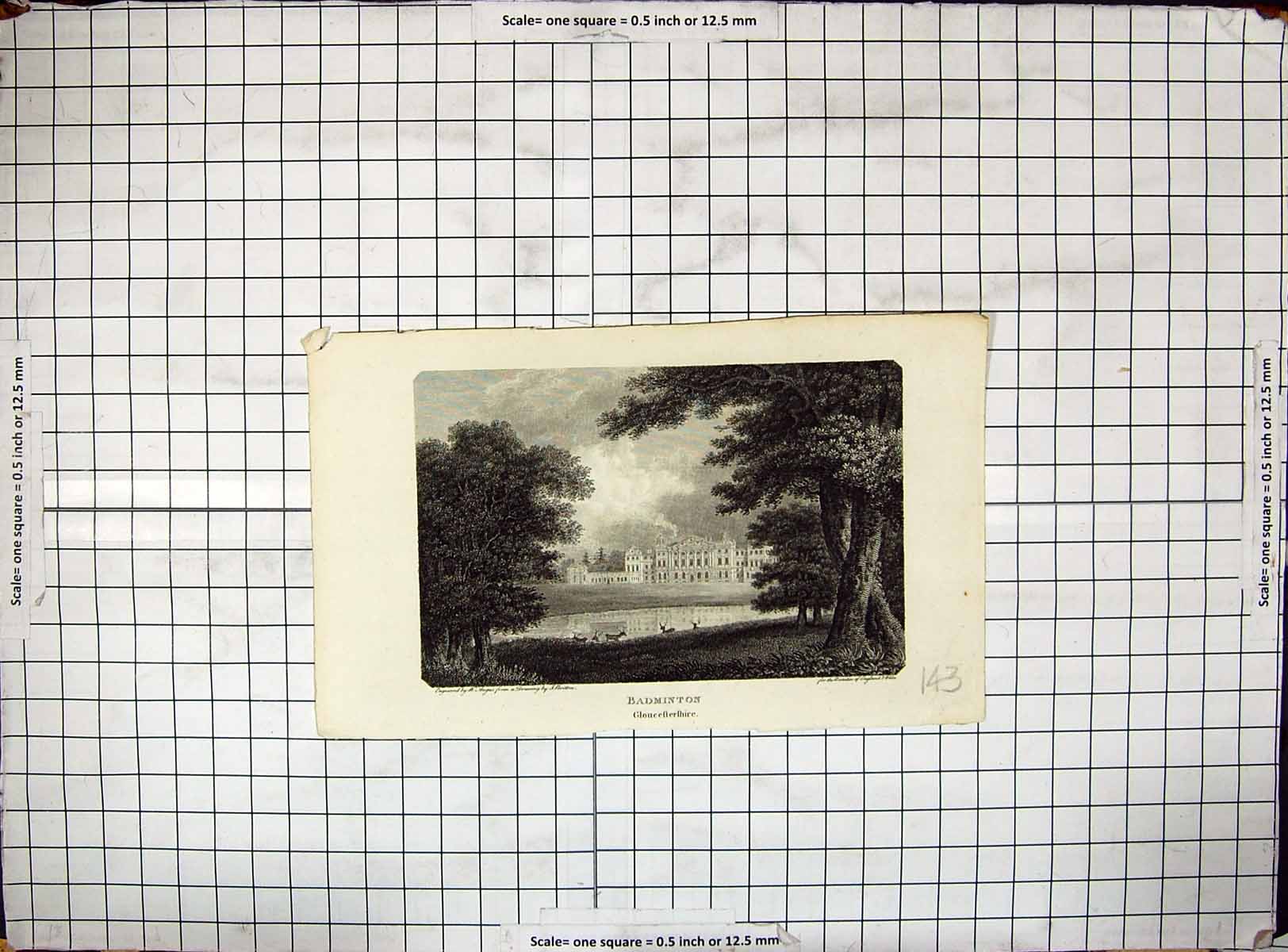 Old Antique Print View Badminton Gloucestershire Architecture Engraving