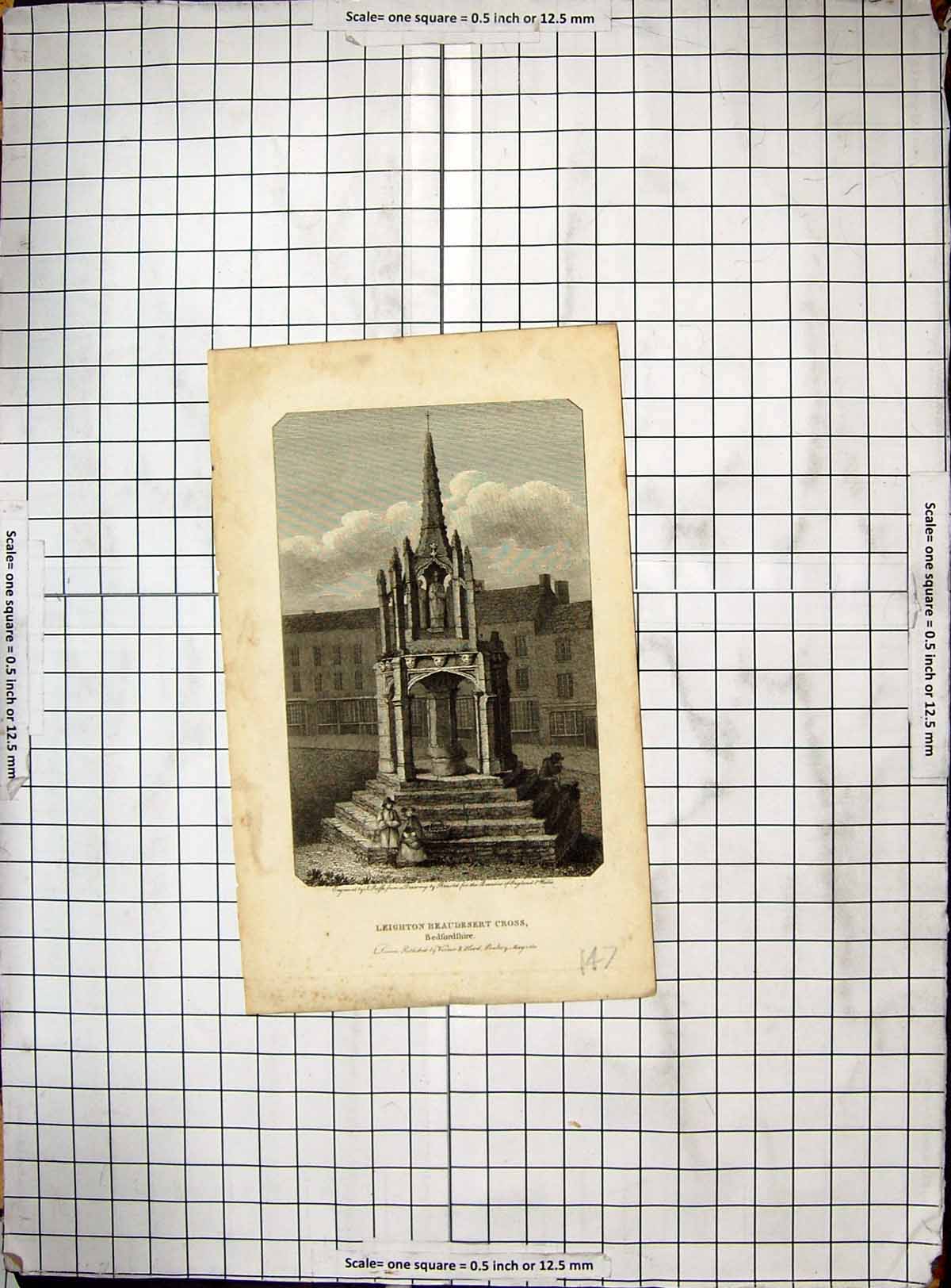 Antique Old Print Engraving View Leighton Beaudesert Cross Bedfordshire Roffe
