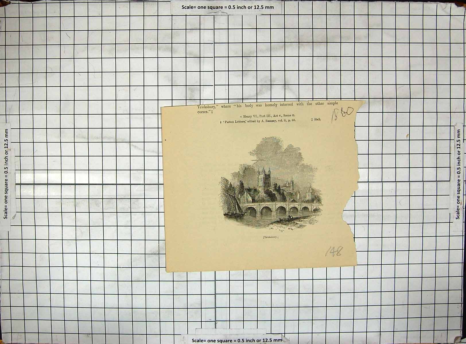 Original Old Antique Print View Tewksbury River Bridge Church Boat England