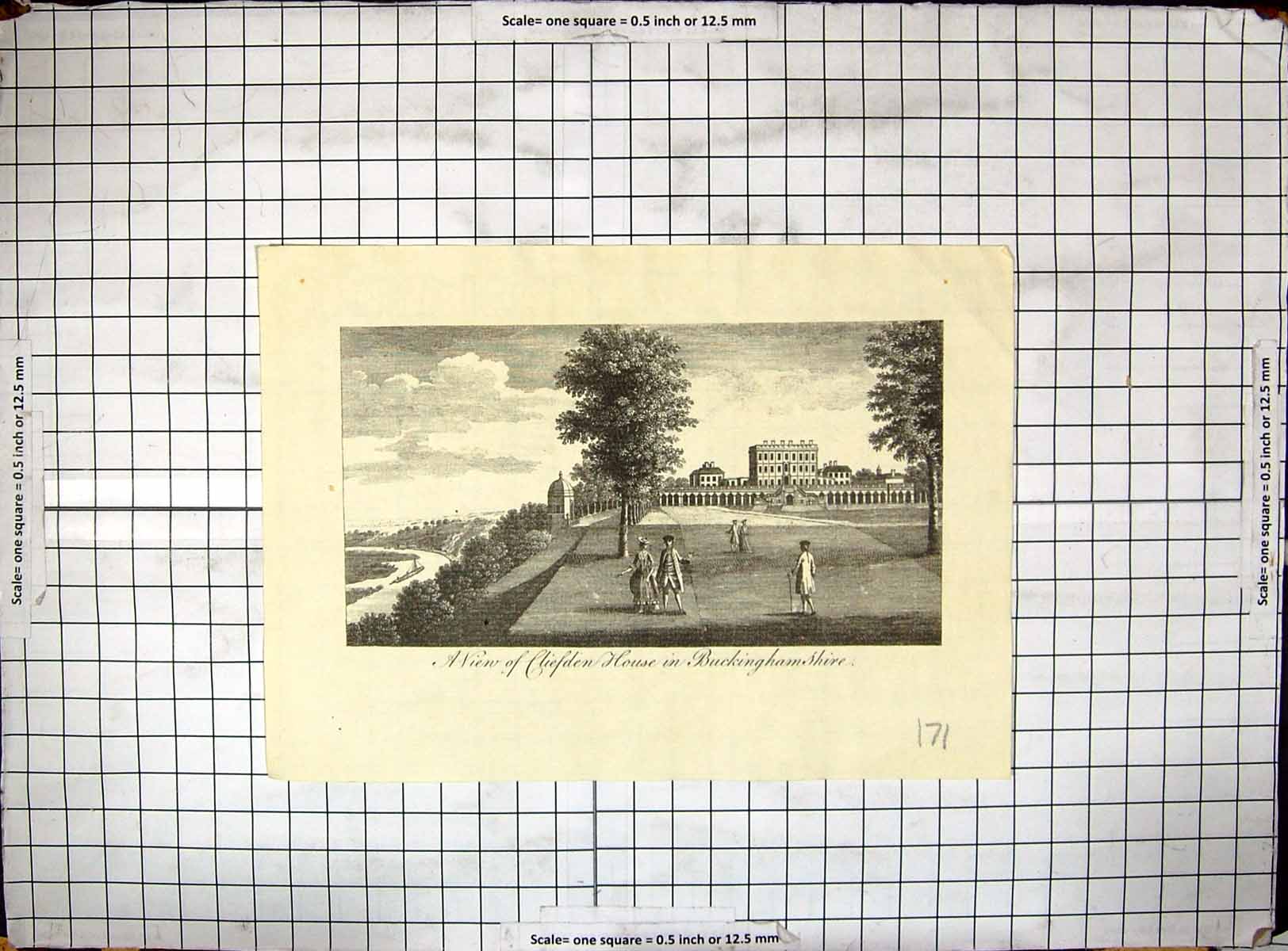 Original Old Antique Print View Cliefden House Buckinghamshire Architecture