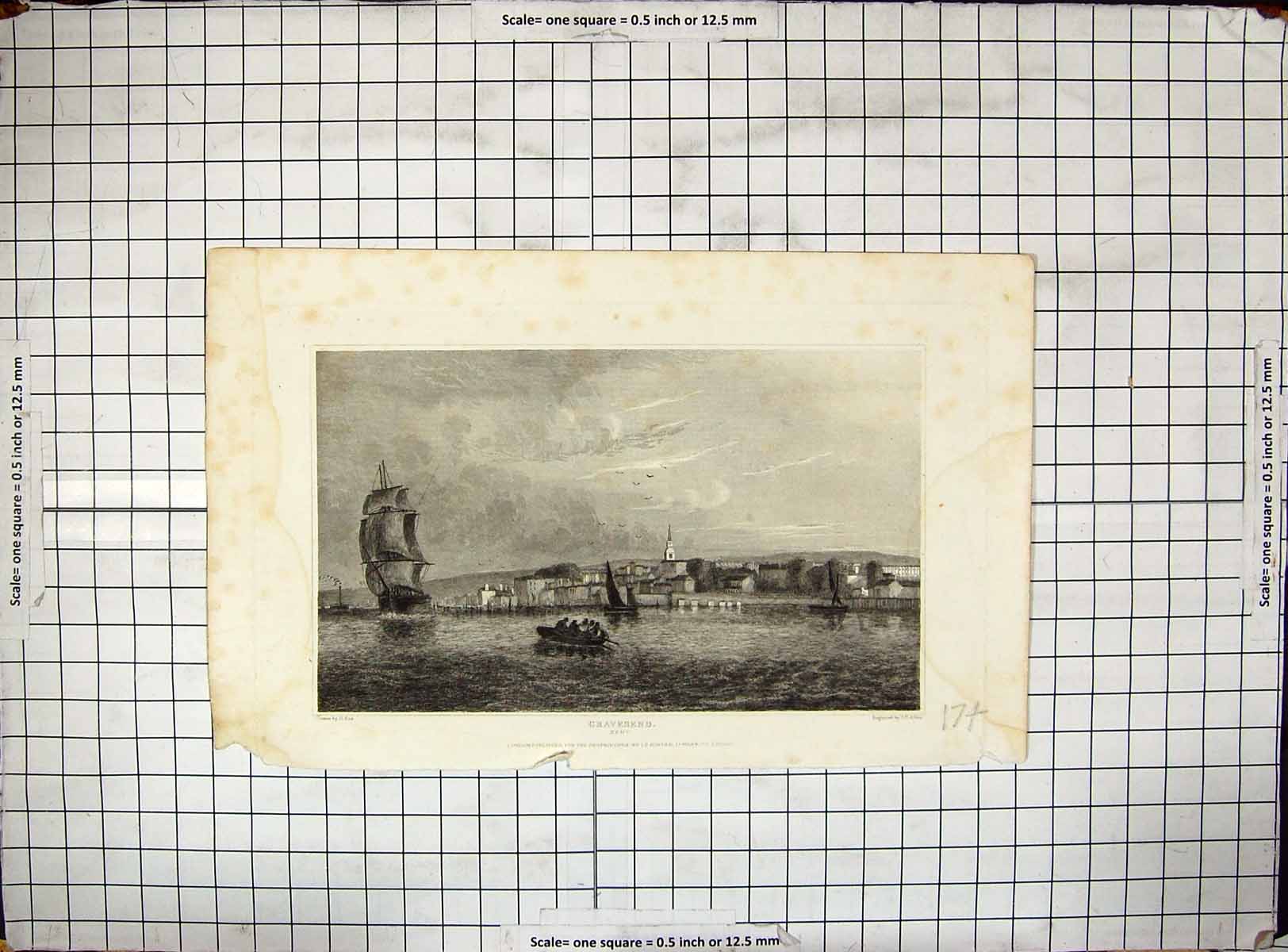 Antique Old Print Engraving View Gravesend Kent England Ship Boats Allen Cox