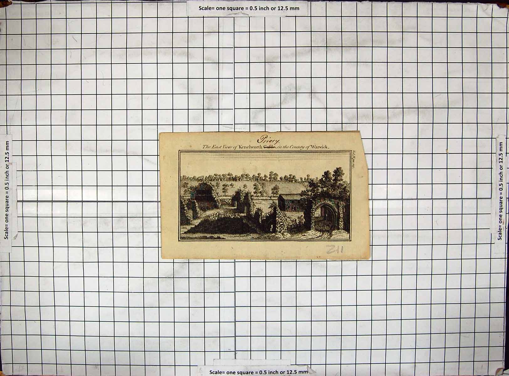 Original Old Antique Print East View Ruins Kenelworth Priory Warwick