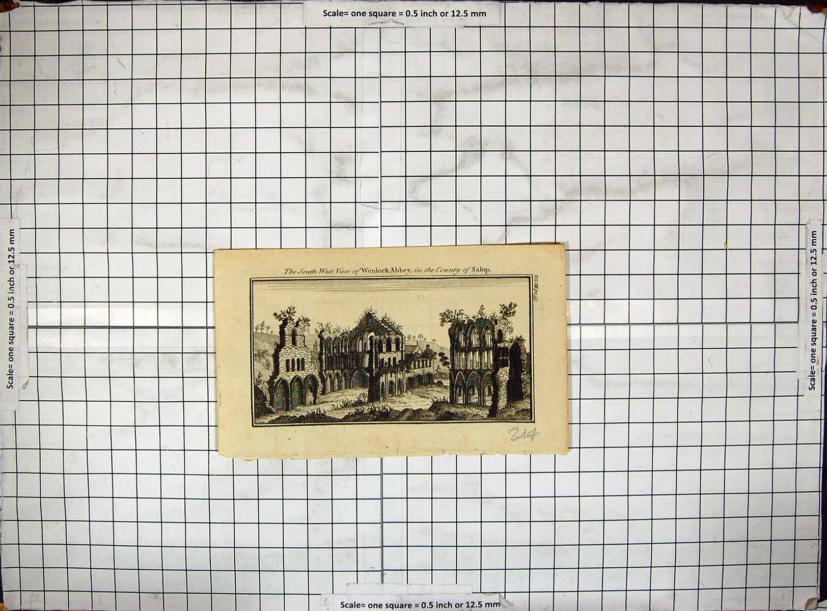 Original Old Antique Print South West View Wenlock Abbey Salop Ruins