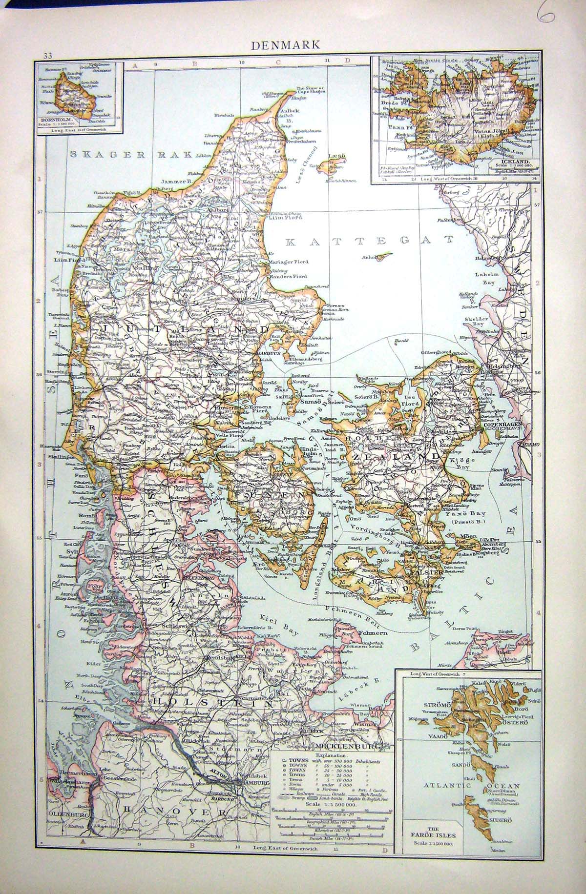 Old Print Denmark Map C1897 Jutland Holstein Hanover Schleswig Zealand F 19th