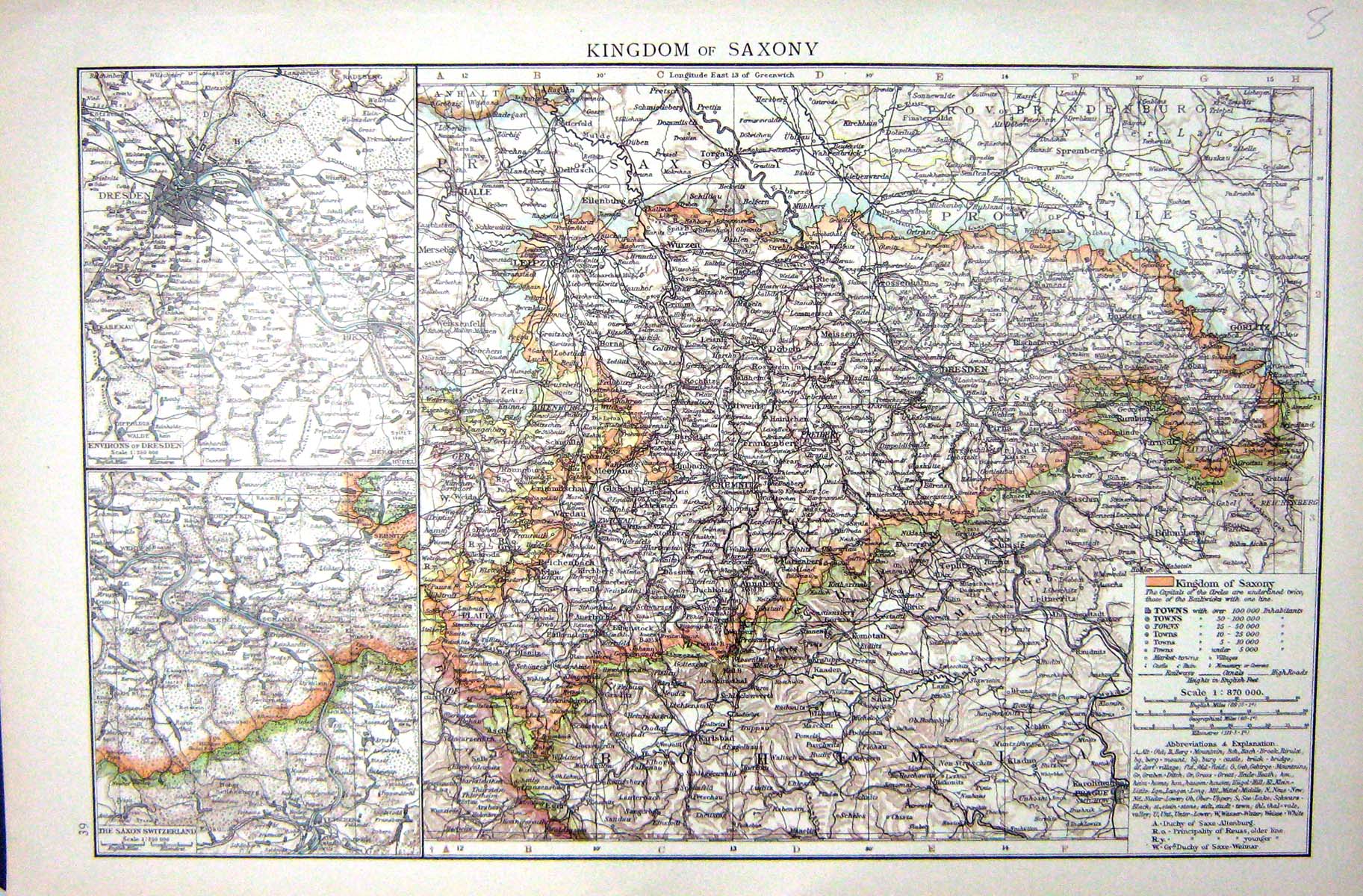 Antique Print Kingdom Saxony Map C1897 Switzerland Environs Dresden Bohemia