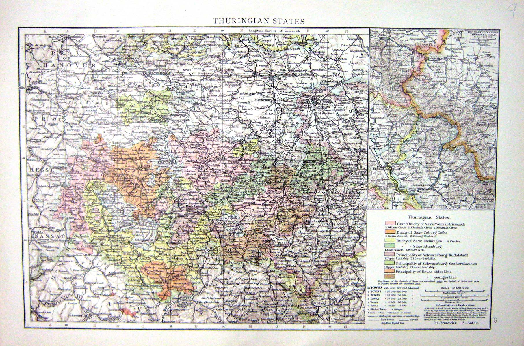 Antique Old Print Thuringian States Map C1897 Bavaria Hanover Saxony Bohemia