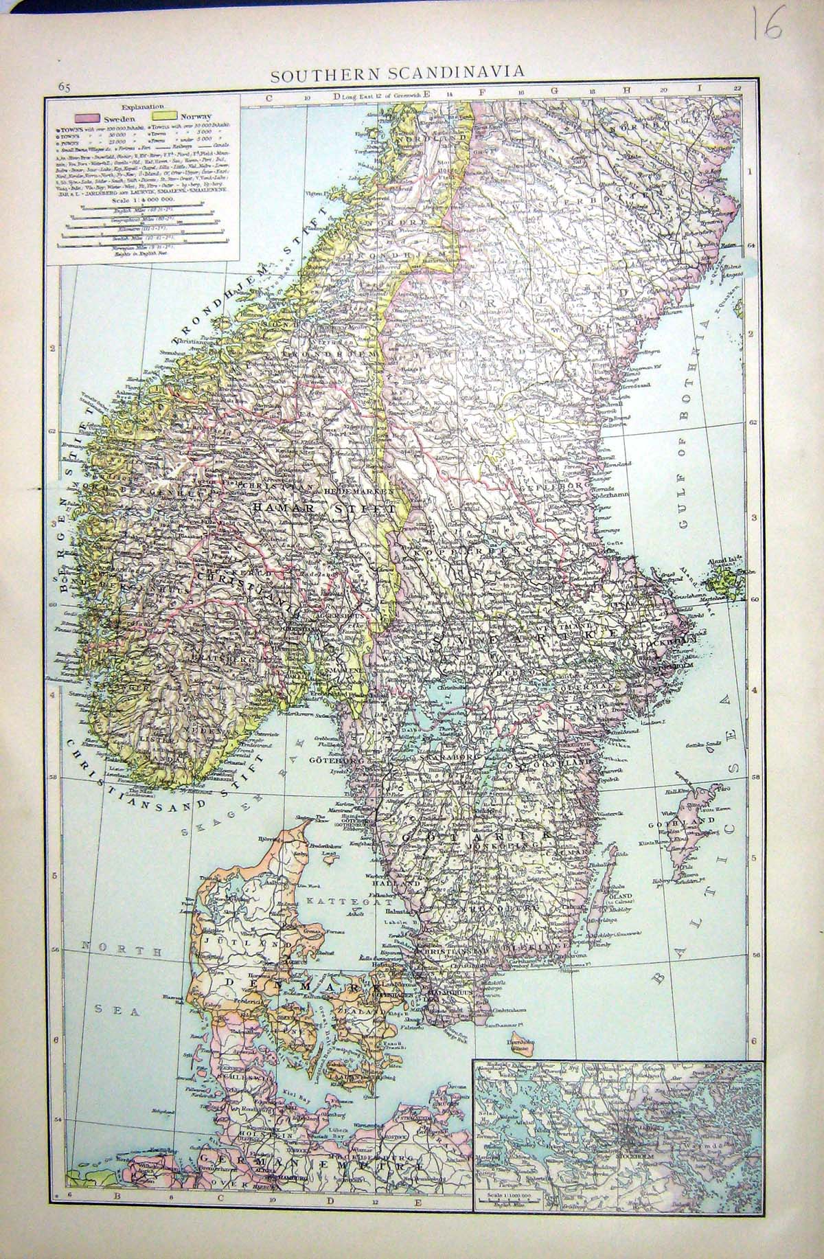 Old Print Southern Scandinavia Map C1897 Denmark Stockholm Gothland Norr 19th