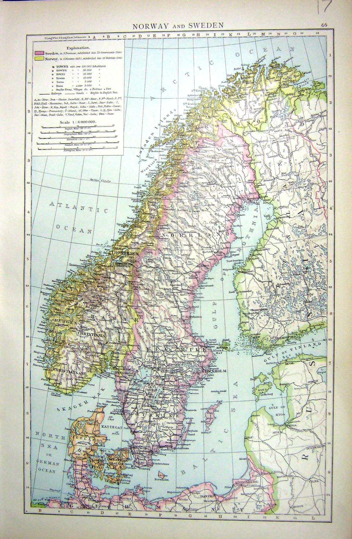Old Print Norway Sweden Hamar Norrland Stockholm Map C1897 Denmark Russi 19th