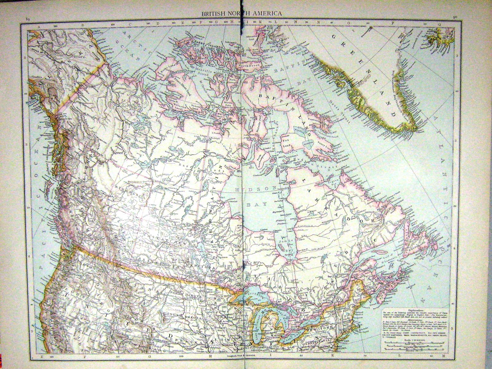 Old Print Damaged British North America Map C1897 Greenland United State 0 19th