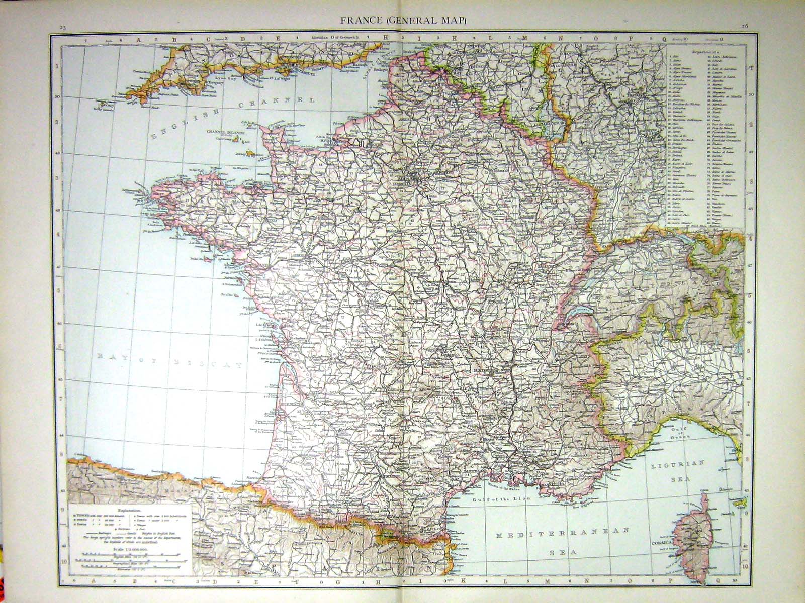 Old Print France General Map C1897 Corsica Switzerland Belgium German Em 0 19th