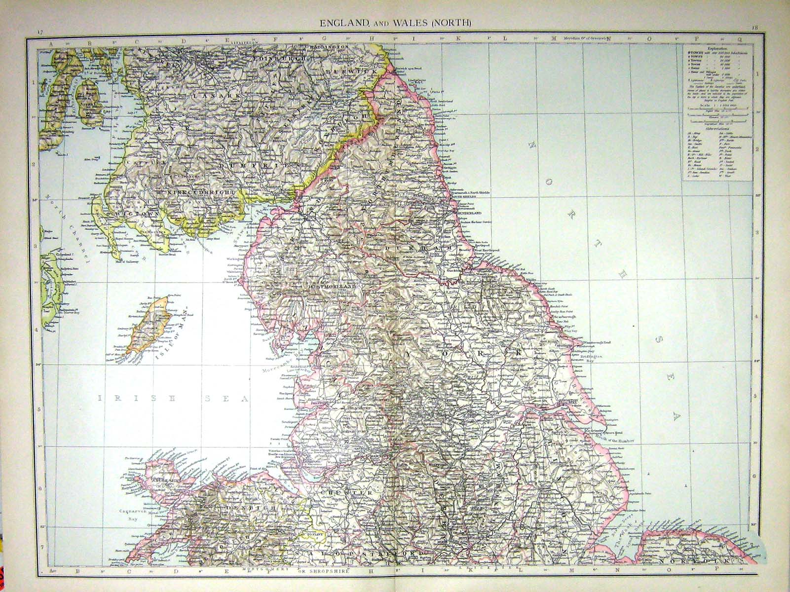 Old Print England North Wales Map C1897 York Durham Isle Man Dumfries Ch 0 19th
