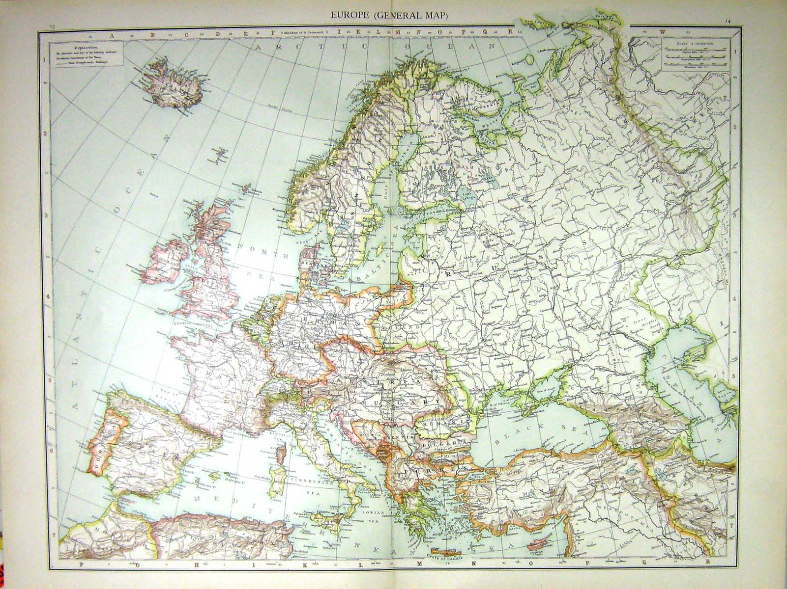 Old Print Europe General Map C1897 Great Britain Spain France Russia Ice 0 19th