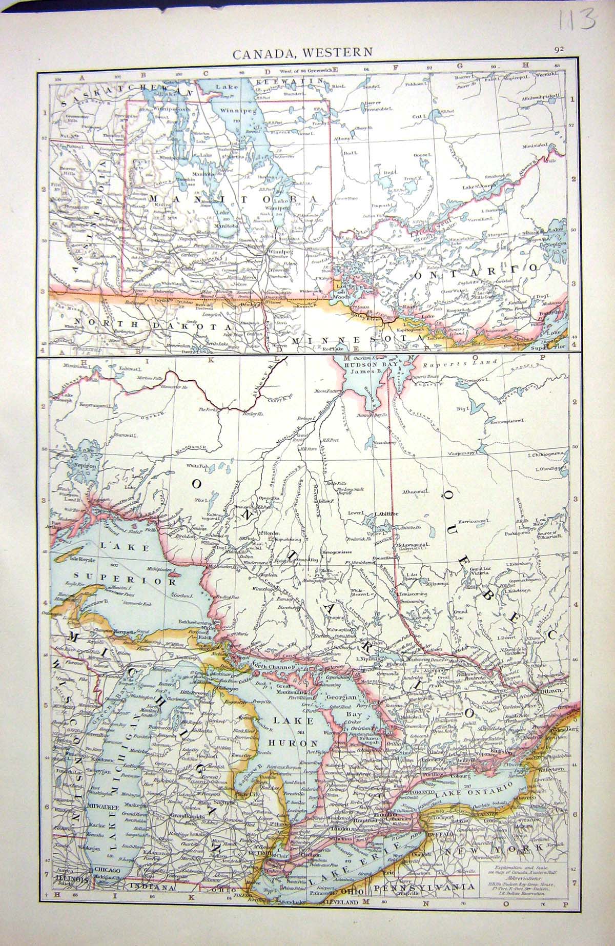 Old Print Western Canada Map C1897 Ontario Quebec Michigan Manitoba Dako 19th