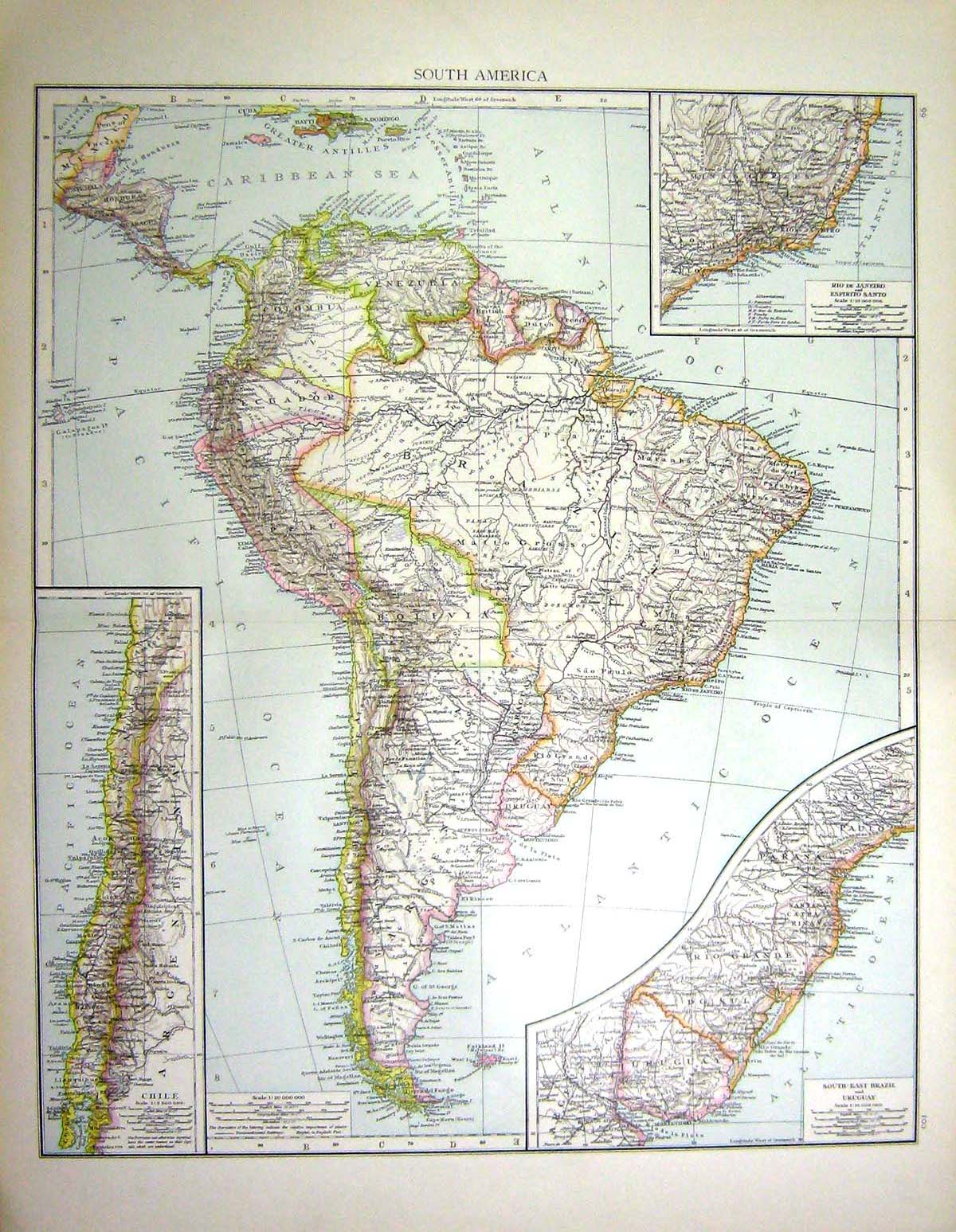 Old Print South America Map C1897 Chile Brazil Uruguay Espirito Santo Ri 19th