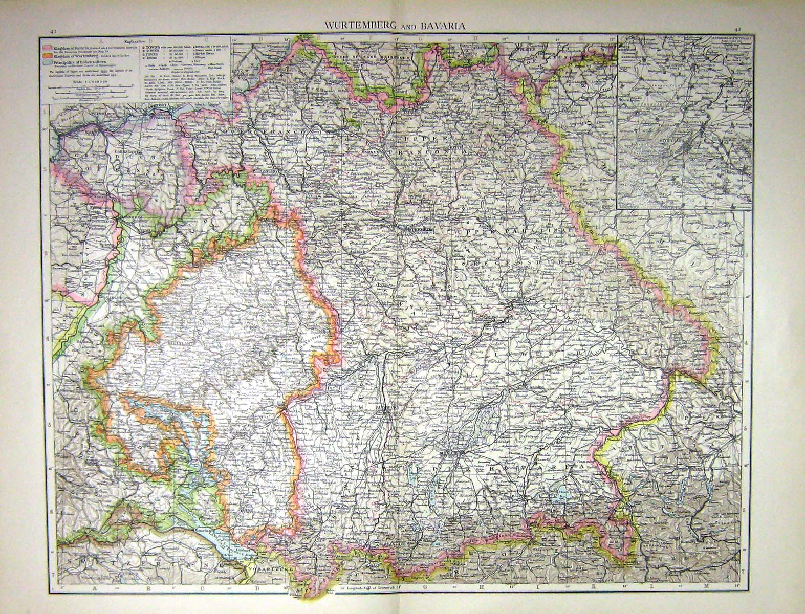 Old Print Wurtemberg Bavaria Map C1897 Switzerland Salzburg Franconia St 19th