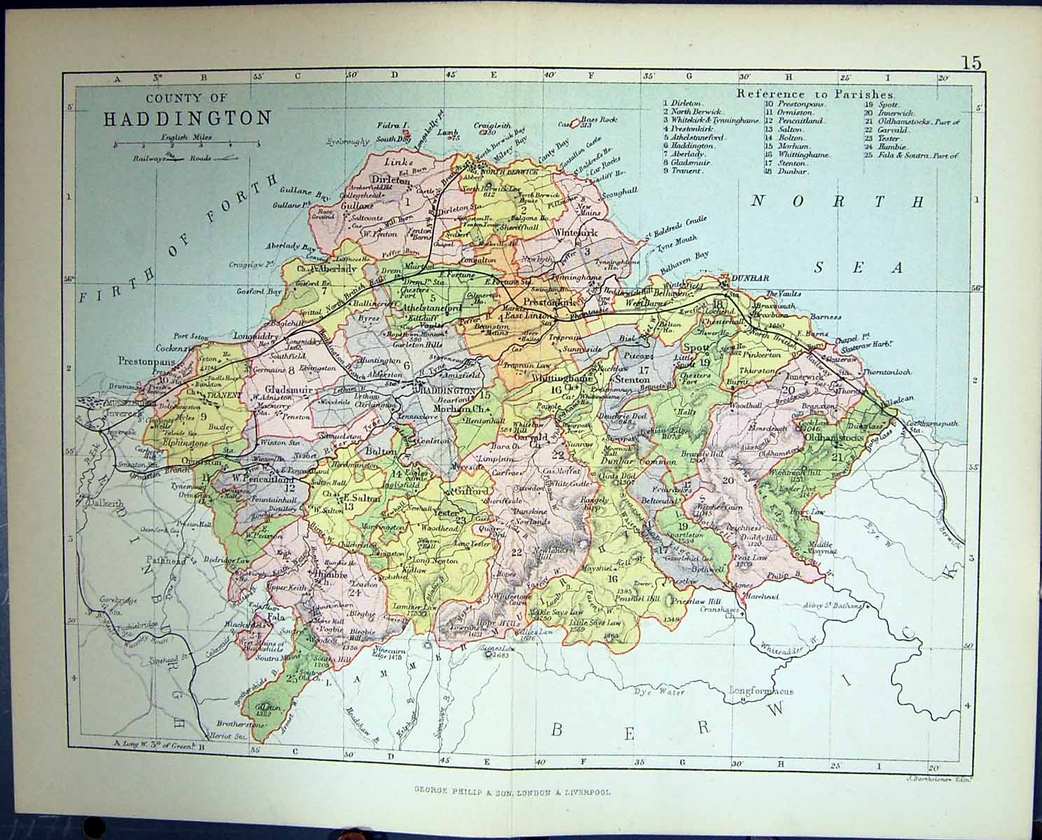 Old Print County Haddington Firth Forth Dunbar Scotland Philips Map 1882 19th