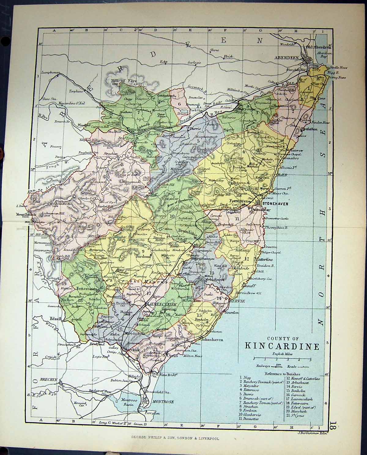 Old County Kincardine Stonehaven North Sea Scotland Philips Map 1882 Victorian