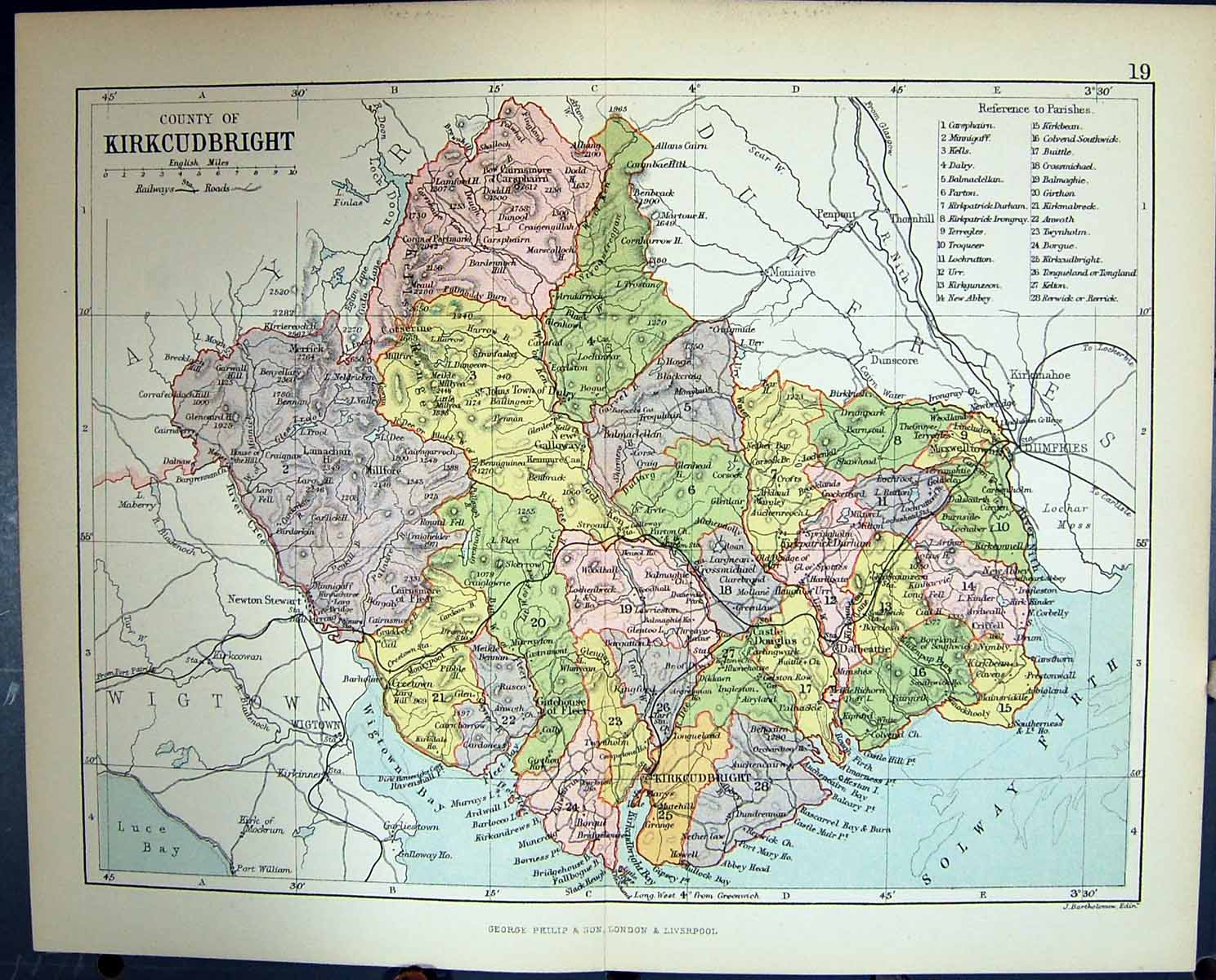 Antique Old Print County Kirkudbright Solway Firth Scotland Philips Map 1882