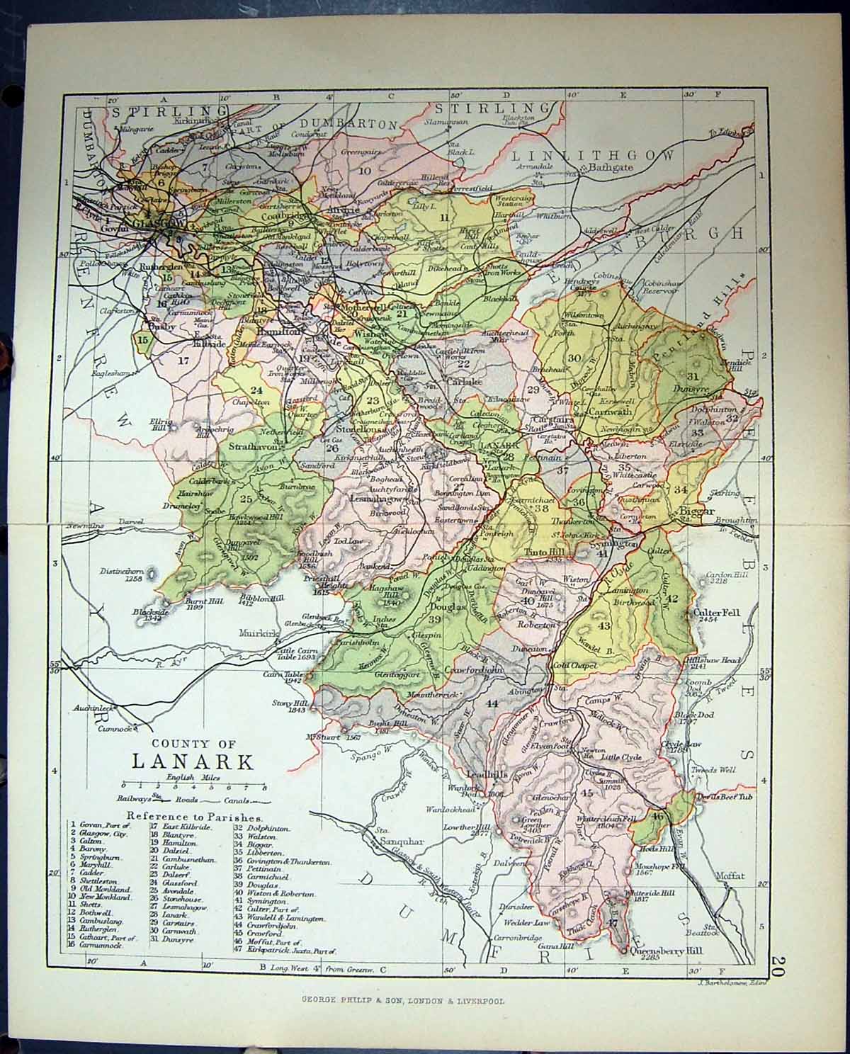 Original Old Antique Print County Lanark Glasgow Scotland Philips Map 1882 19th