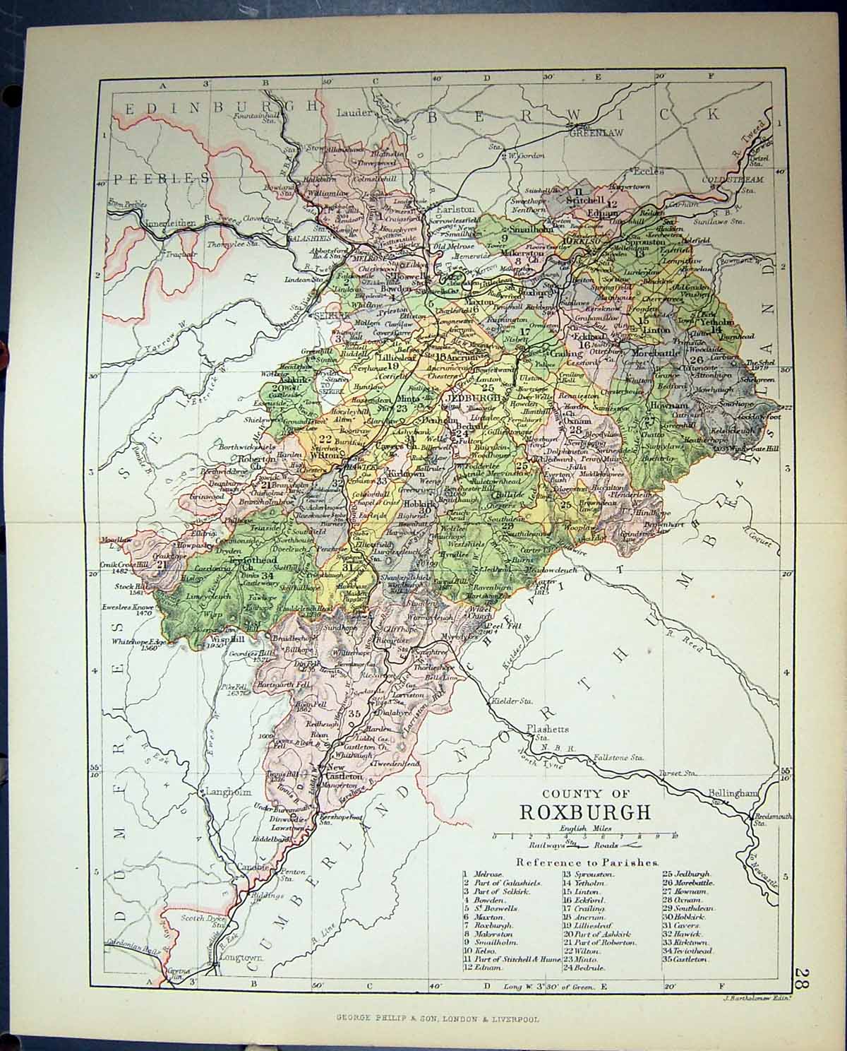 Original Old Antique Print County Roxburgh Jedburgh Scotland Philips Map 1882