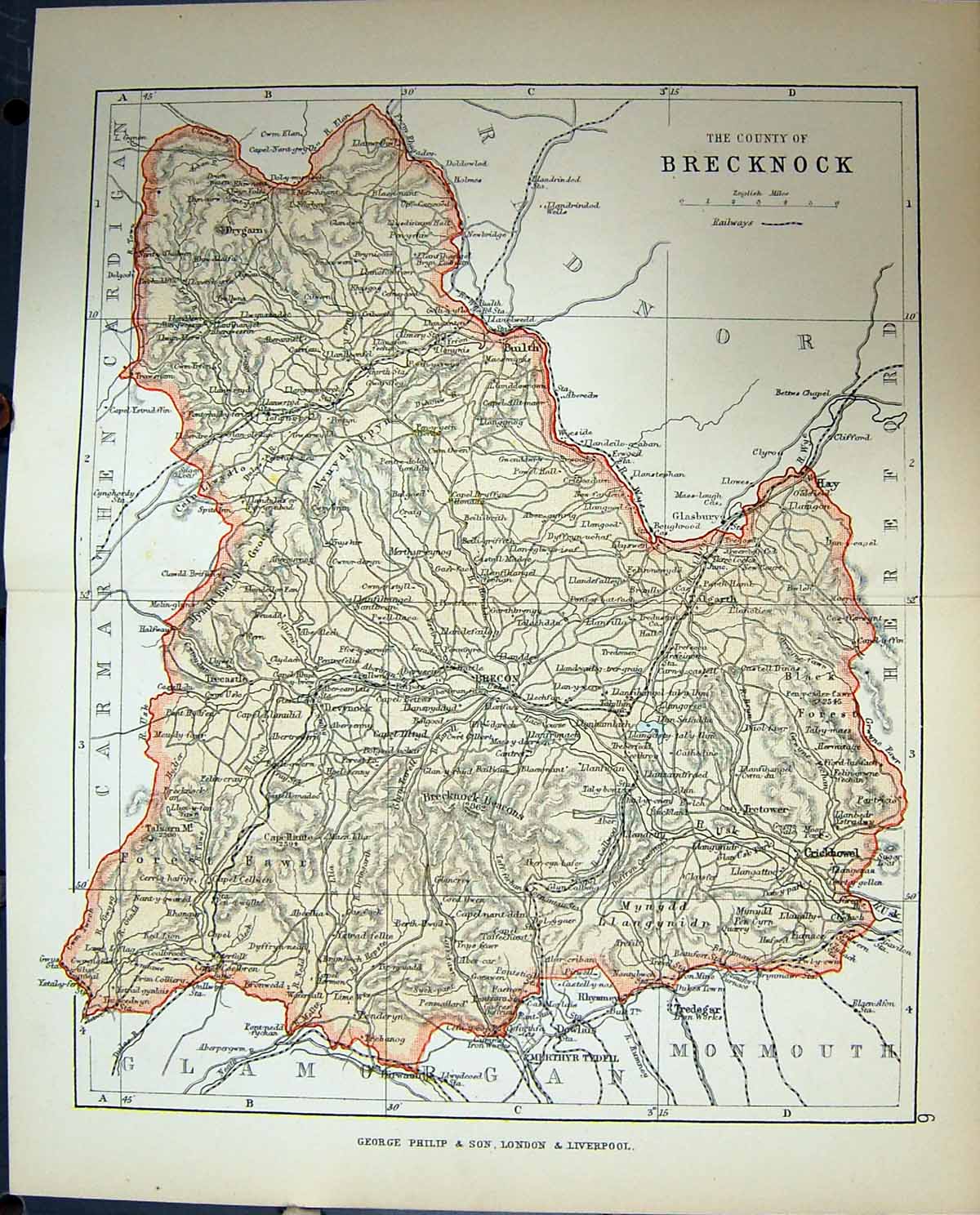 Original Old Antique Print County Brecknock Wales Philips Map 1882 Victorian