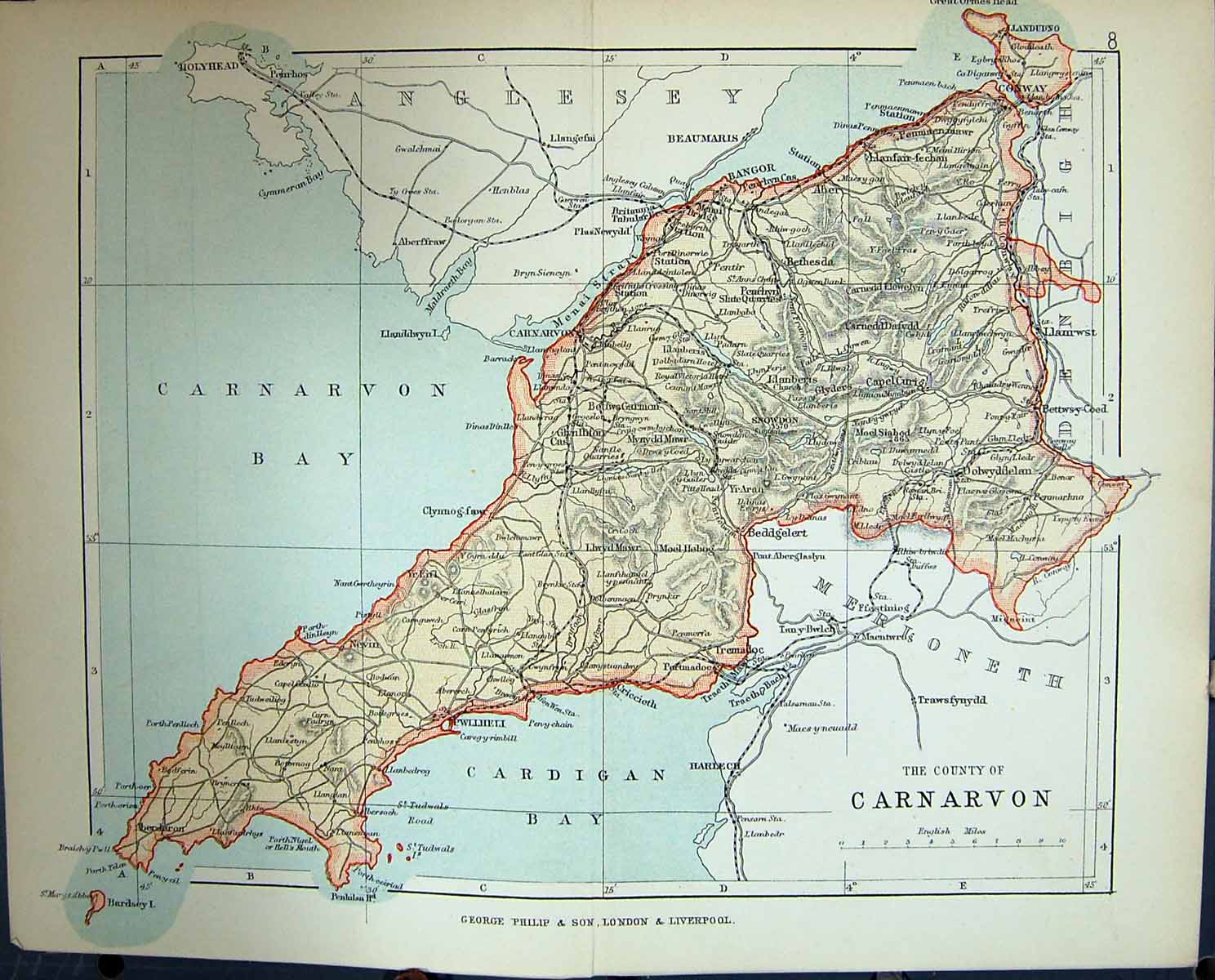 Antique Old Print County Carnarvon Cardigan Bay Bangor Wales Philips Map 1882