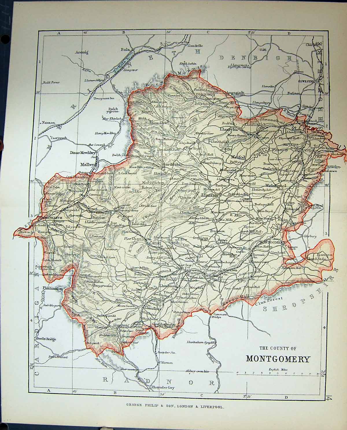 Original Old Antique Print County Montgomery Mallwyn Wales Philips Map 1882