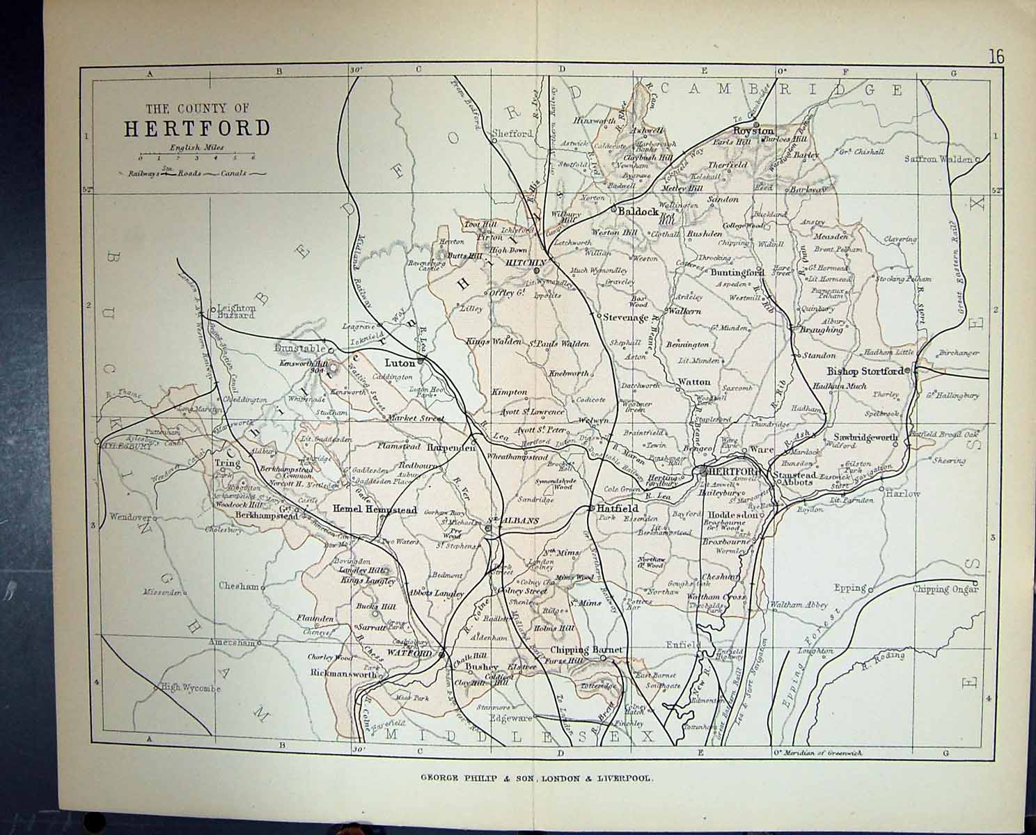 Antique Old Print Philips Map 1882 Hertford Albans Hatifled Baldock England