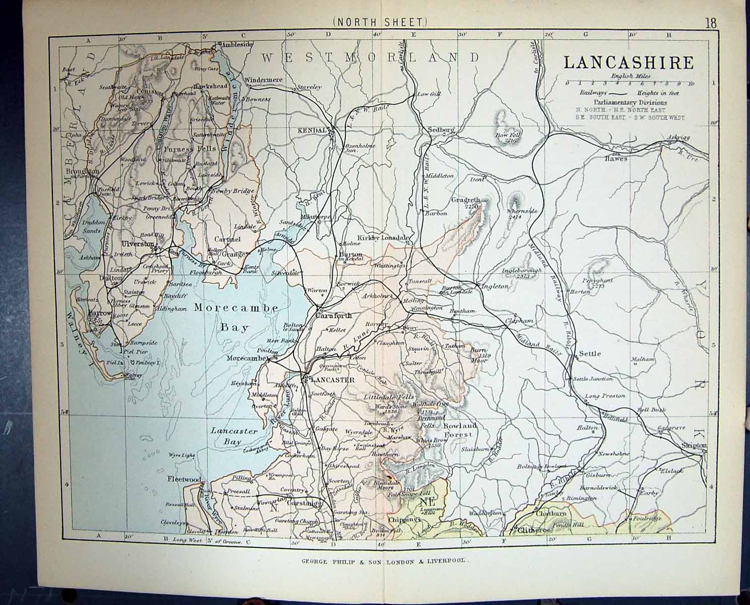 Old Print Philips Map 1882 Lancashire Lancaster Ulverston Barrow England 19th