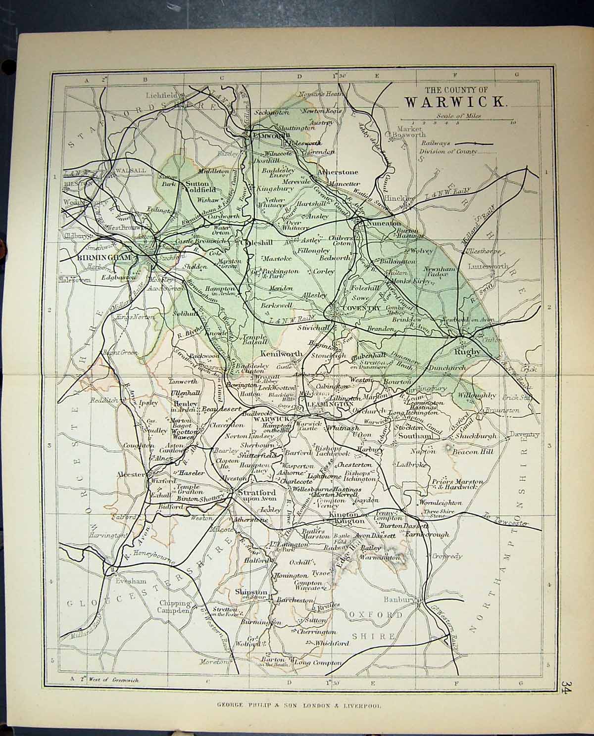 Old Print Philips Map 1882 Warwick Leamington Birmingham Tamworth England 19th