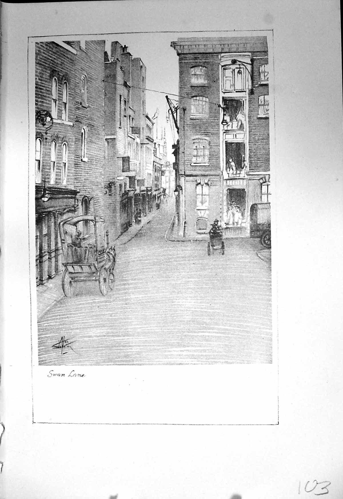 Original Old Vintage Print Swan Lane London Stapleton Drawing C1930 20th