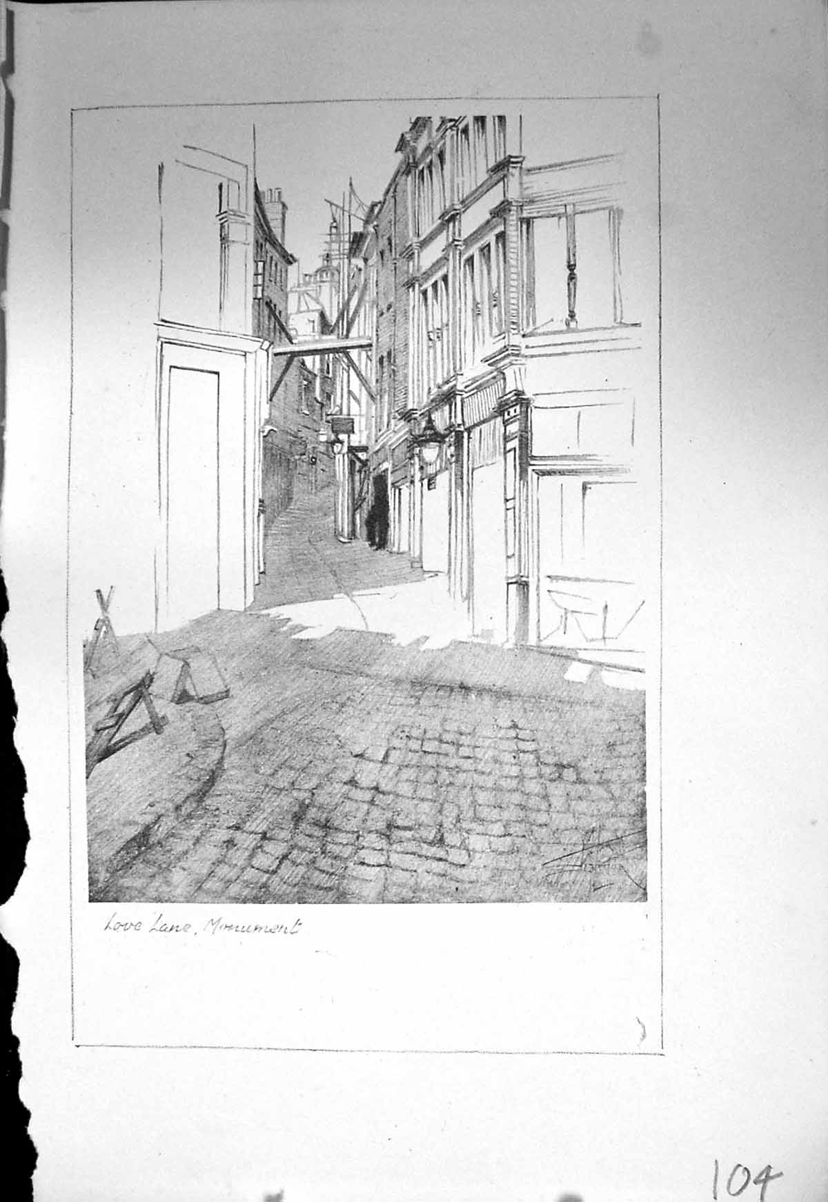 Original Old Vintage Print Love Lane Monument London Stapleton Drawing C1930