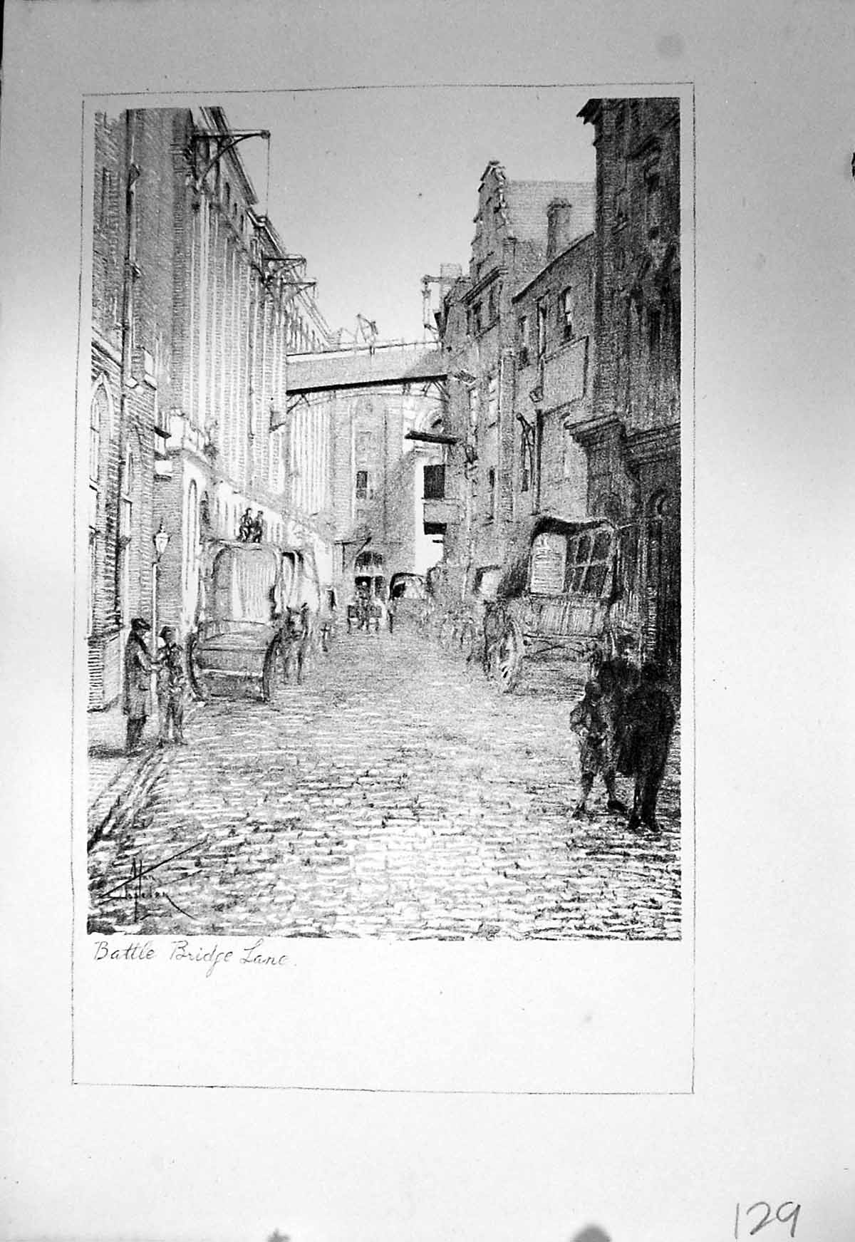 Original Old Vintage Print Battle Bridge Lane London Stapleton Drawing C1930