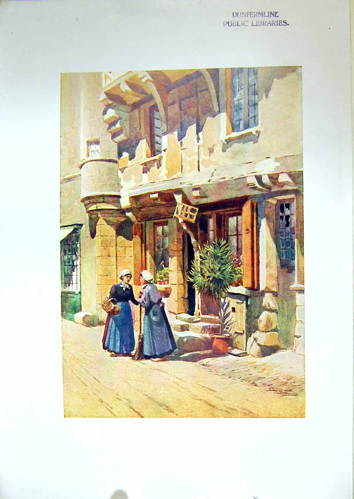 Original Old Antique Print Houses Chinon 1904 Murray Colour 20th Century