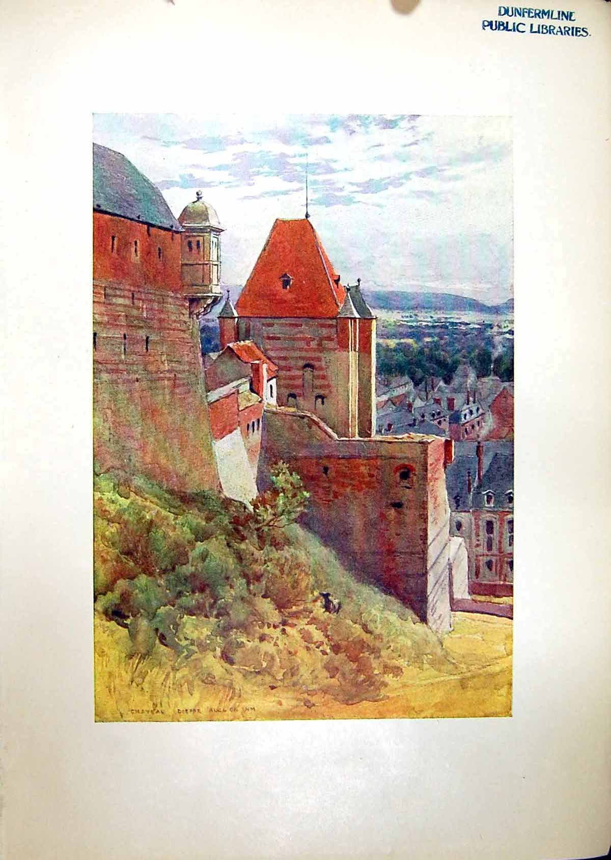 Antique Old Print Fifteenth Century Castle Dieppe France 1904 Murray Colour