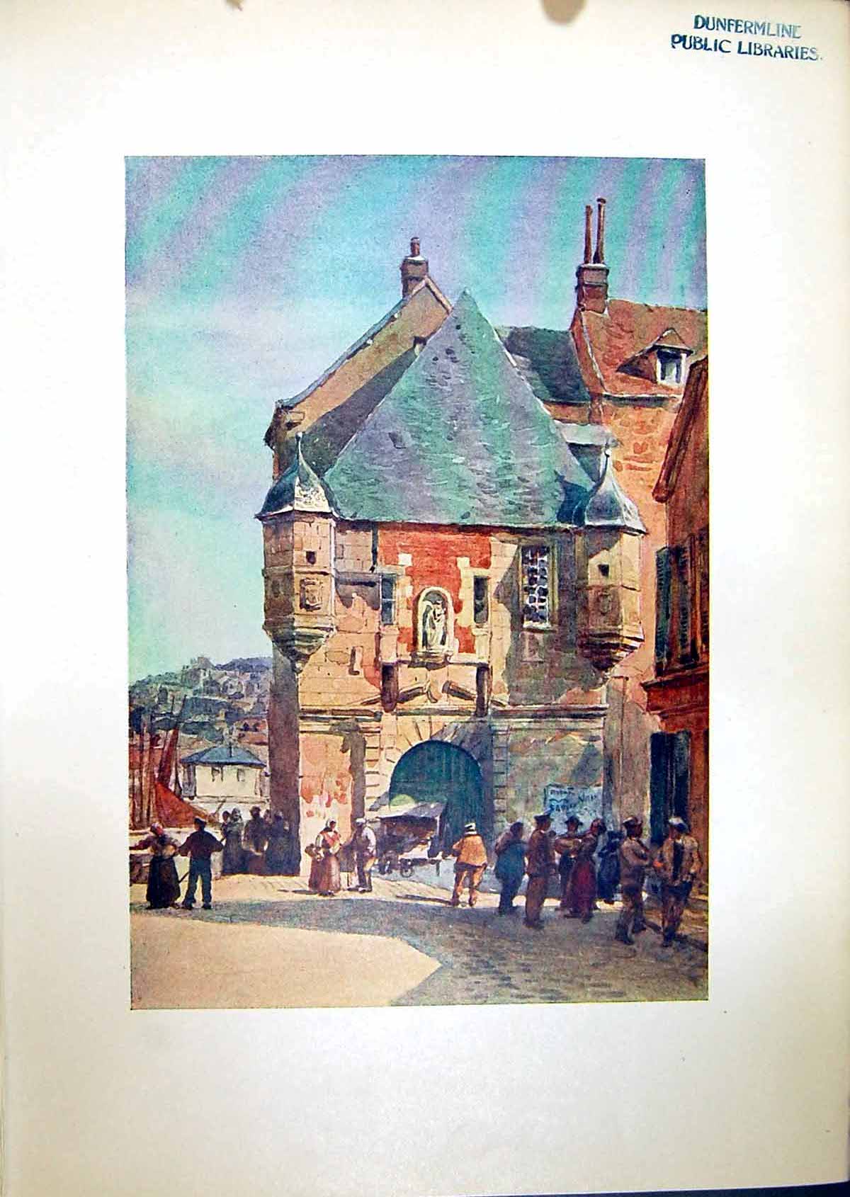 Original Old Antique Print Honfleur Harbour Gateway 1904 Murray Colour 20th