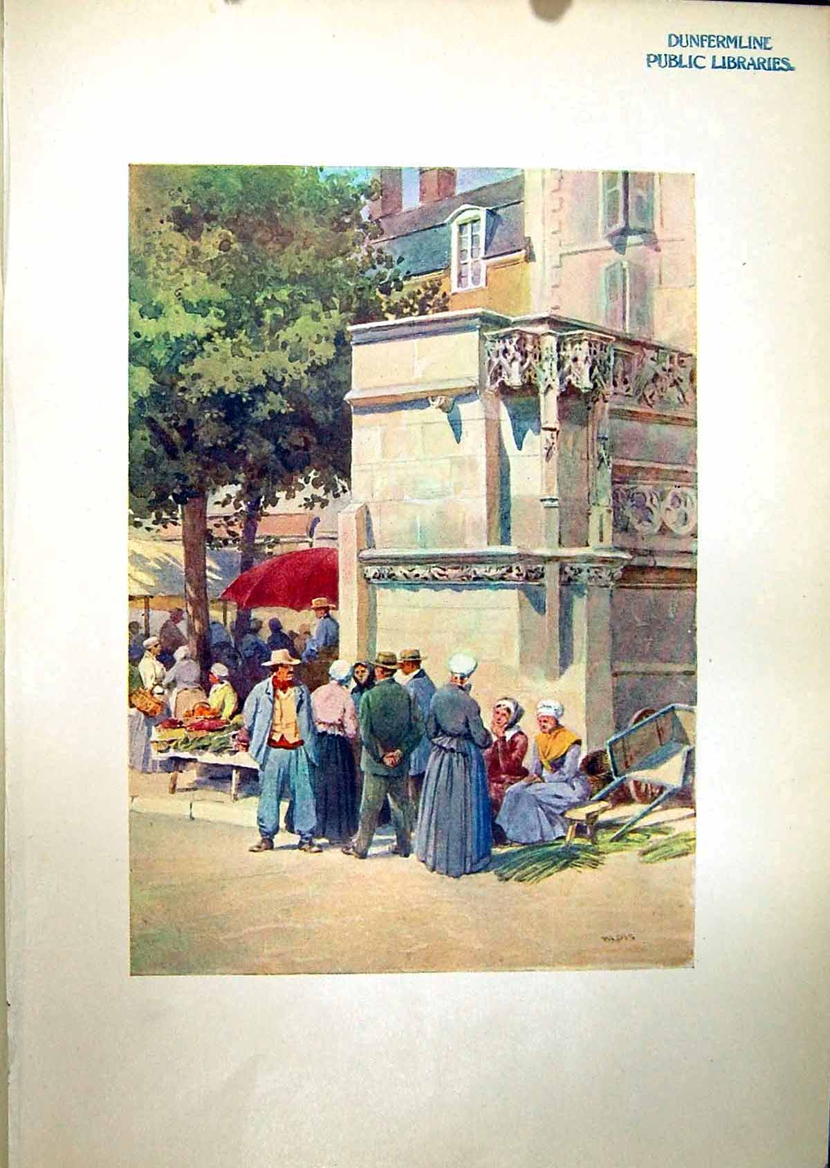 Antique Old Print Blois Fountain Louis Xii Market Place 1904 Murray Colour 20th