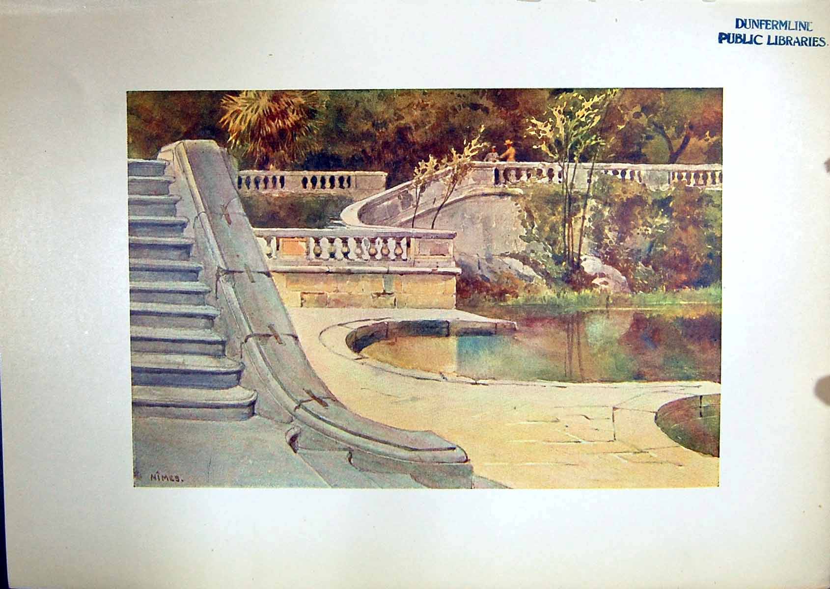 Original Old Antique Print Nimes Roman Baths France 1904 Murray Colour 20th