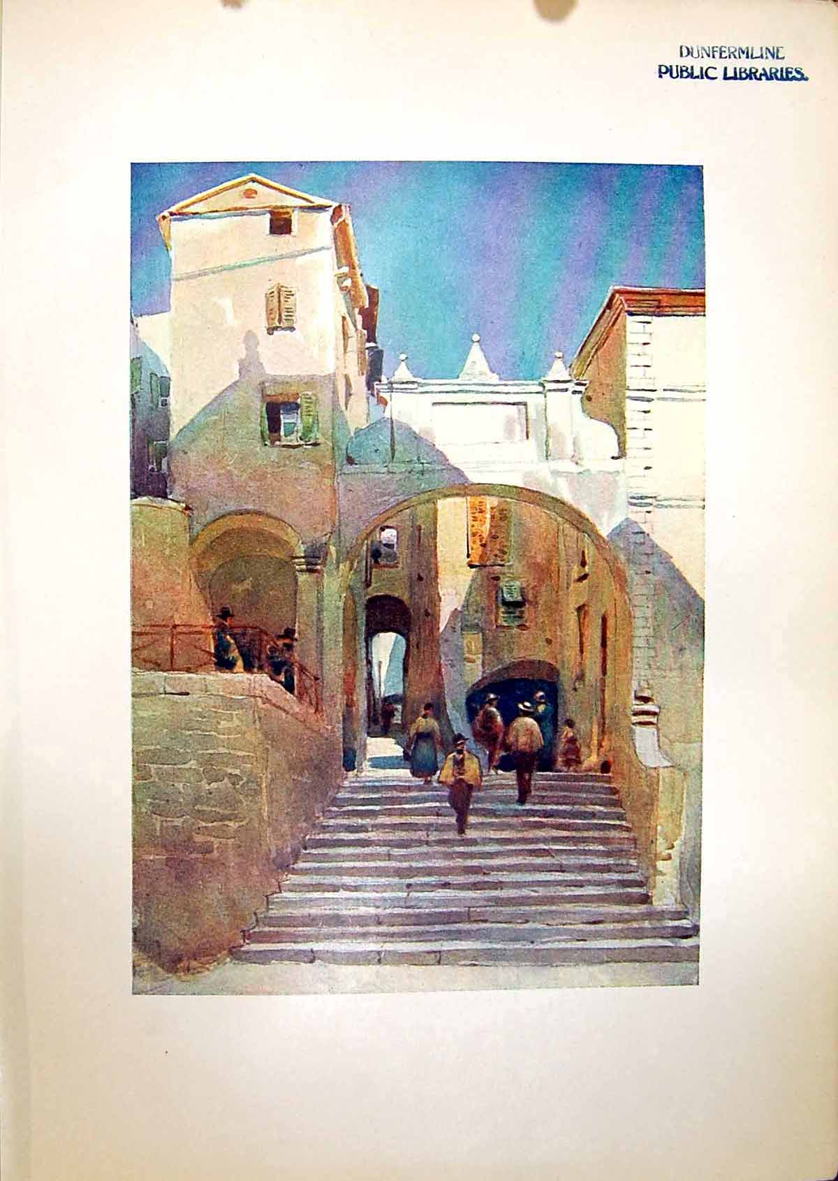 Original Old Antique Print View Mentone Houses France 1904 Murray Colour 20th