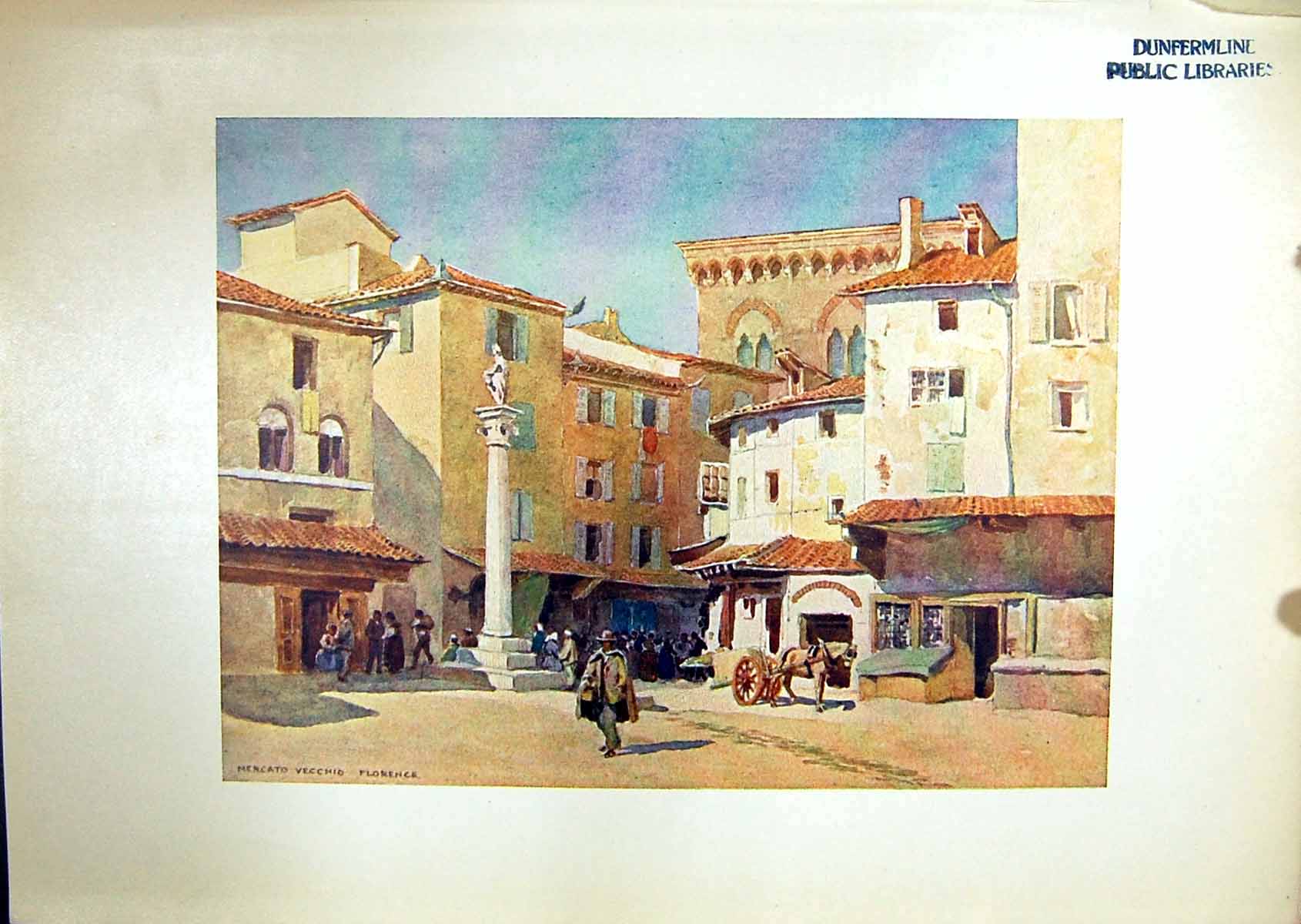 Original Old Antique Print View Florence Mercato Vecchio 1904 Murray Colour
