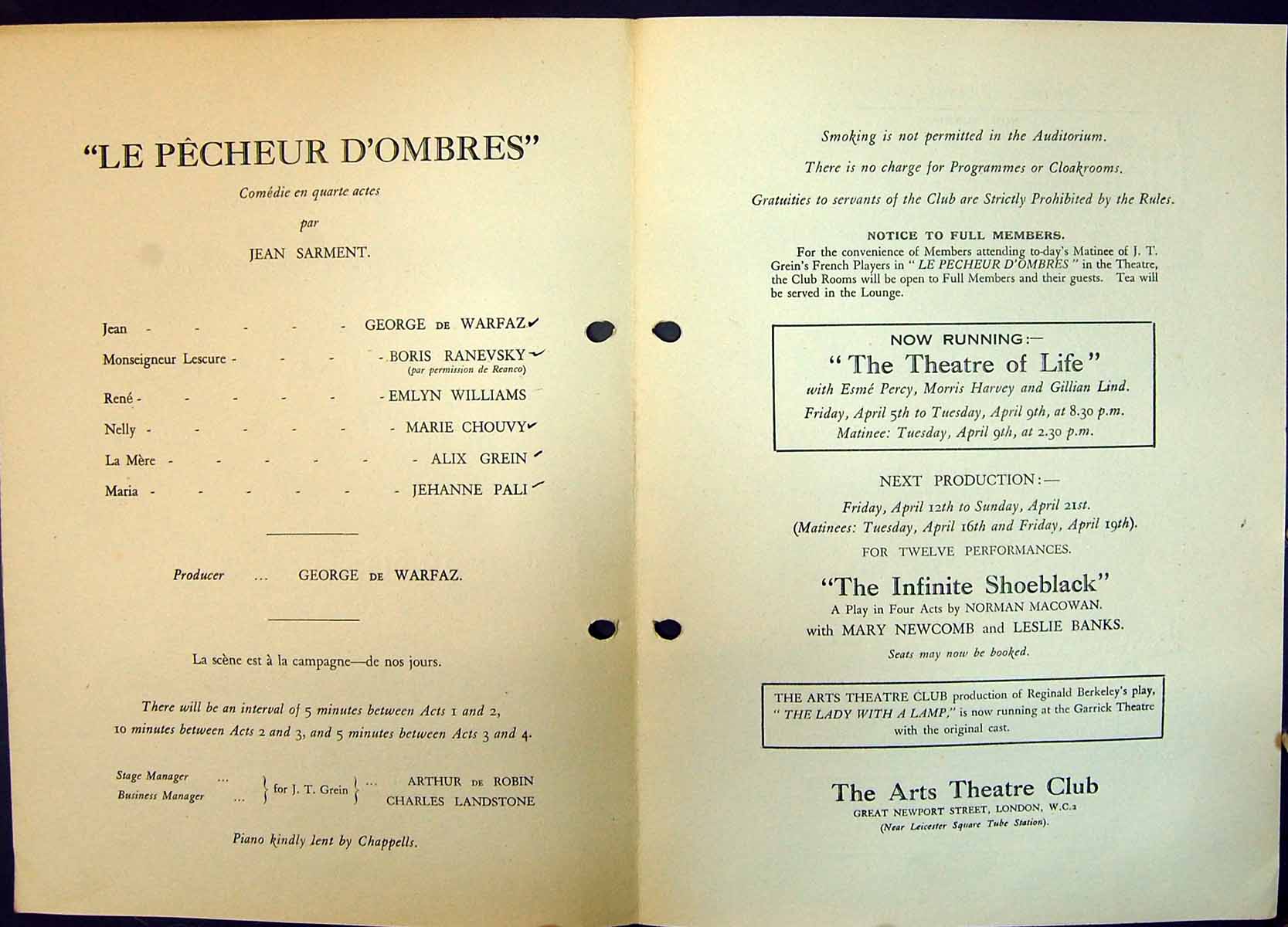 Old Arts Theatre Programme 1929 D'Ombres Banner Shoeblack Black Velve 20th