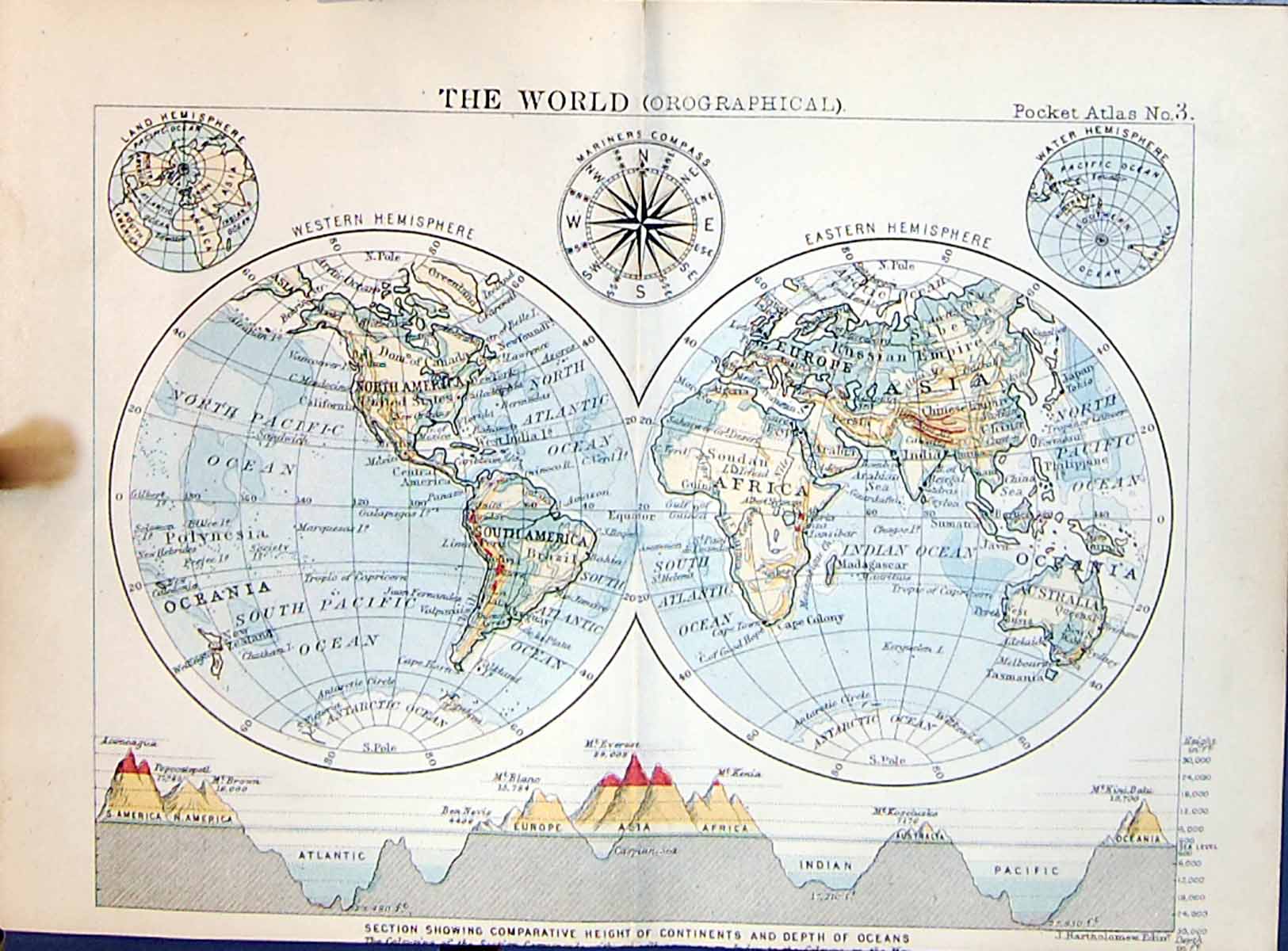 Old Print Bartholomew Map 1886 Orographical World Hemisphere Ocean Depths 19th