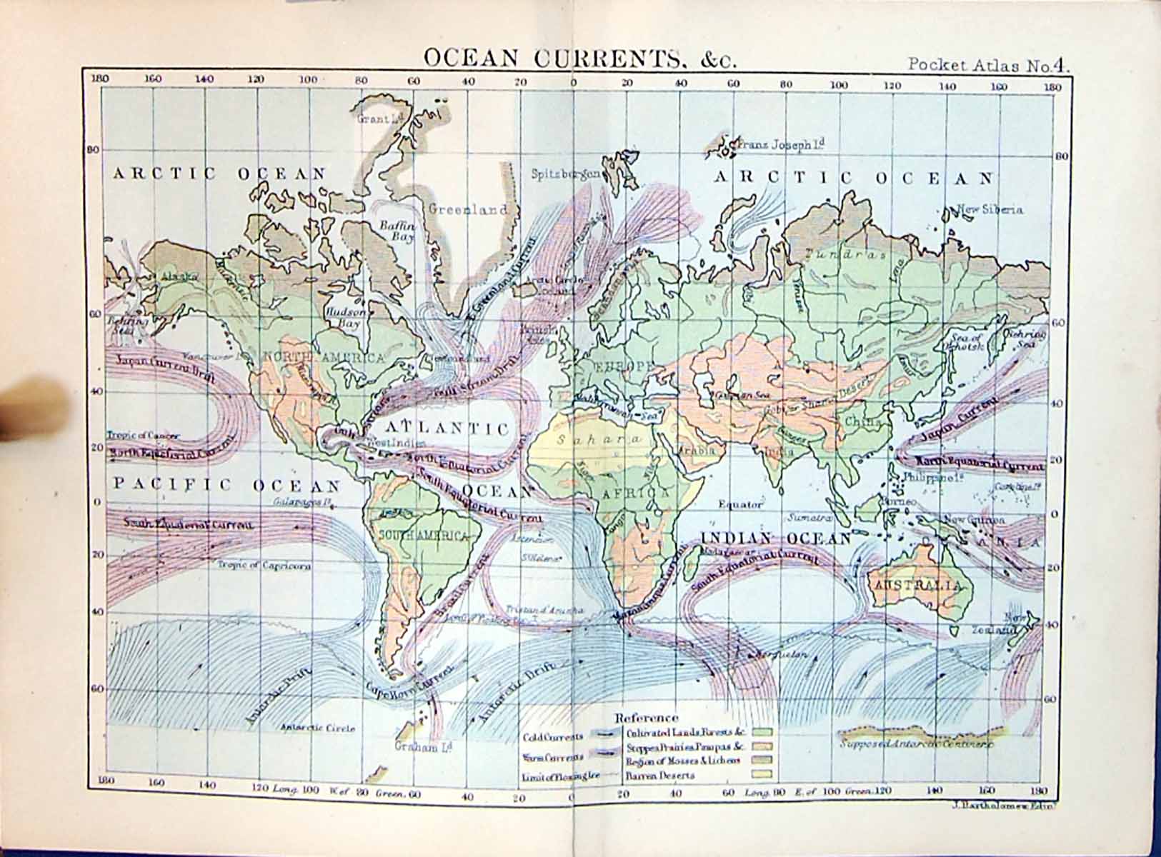 Old Ocean Currents Arctic Atlantic Indian Pacific Bartholomew Map 188 Victorian