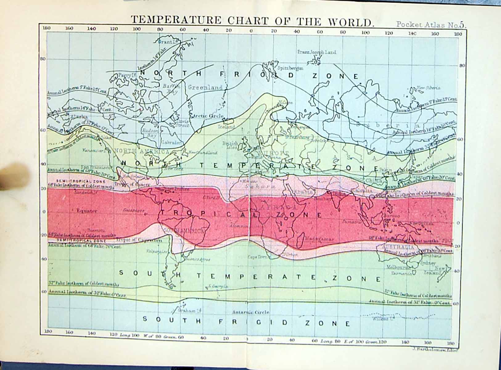 Old Print Temperature Chart World North South Tropic Bartholomew Map 1886 19th