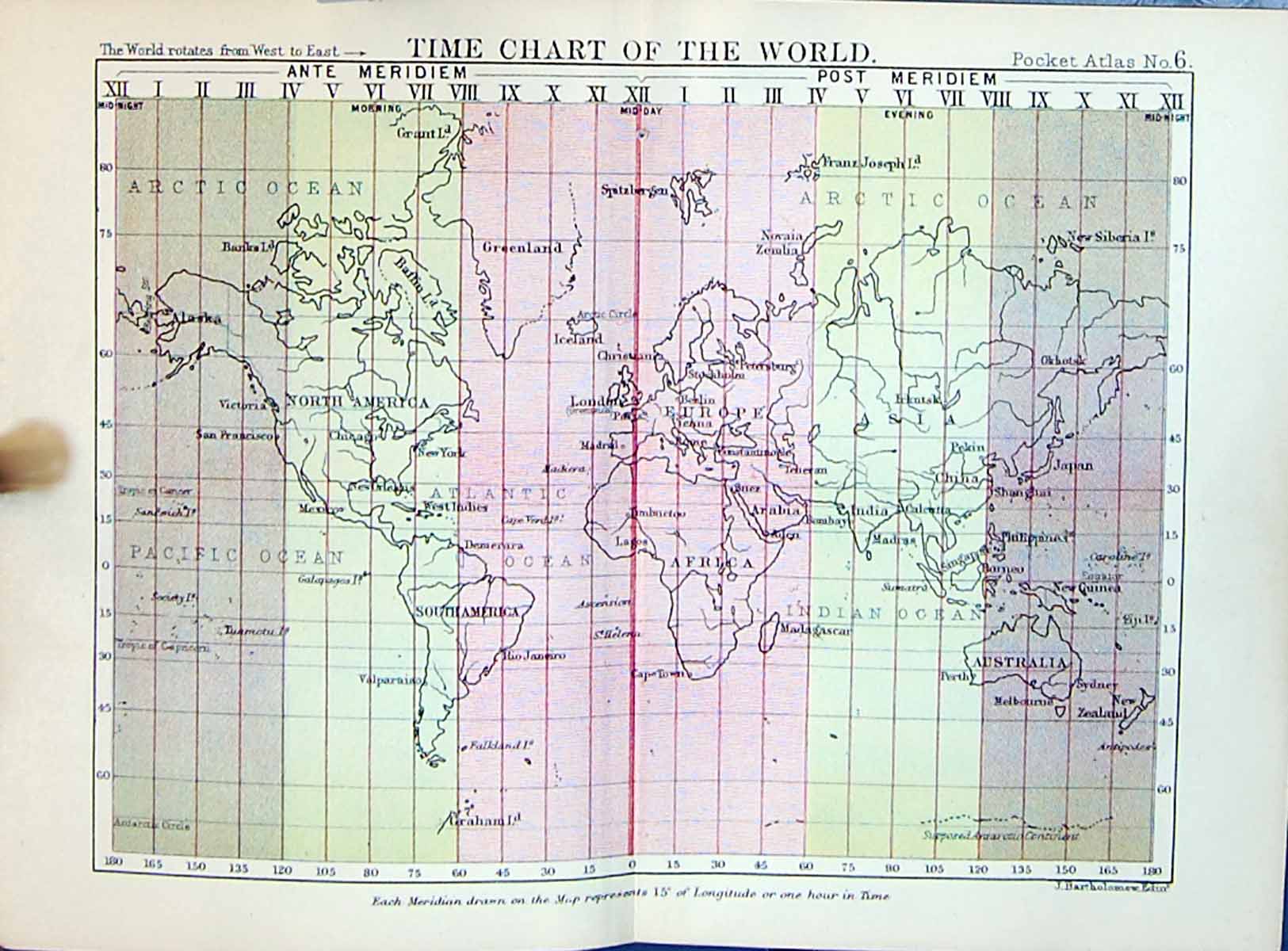 Original Old Antique Print Chart World Ante Post Meridiem Bartholomew Map 1886