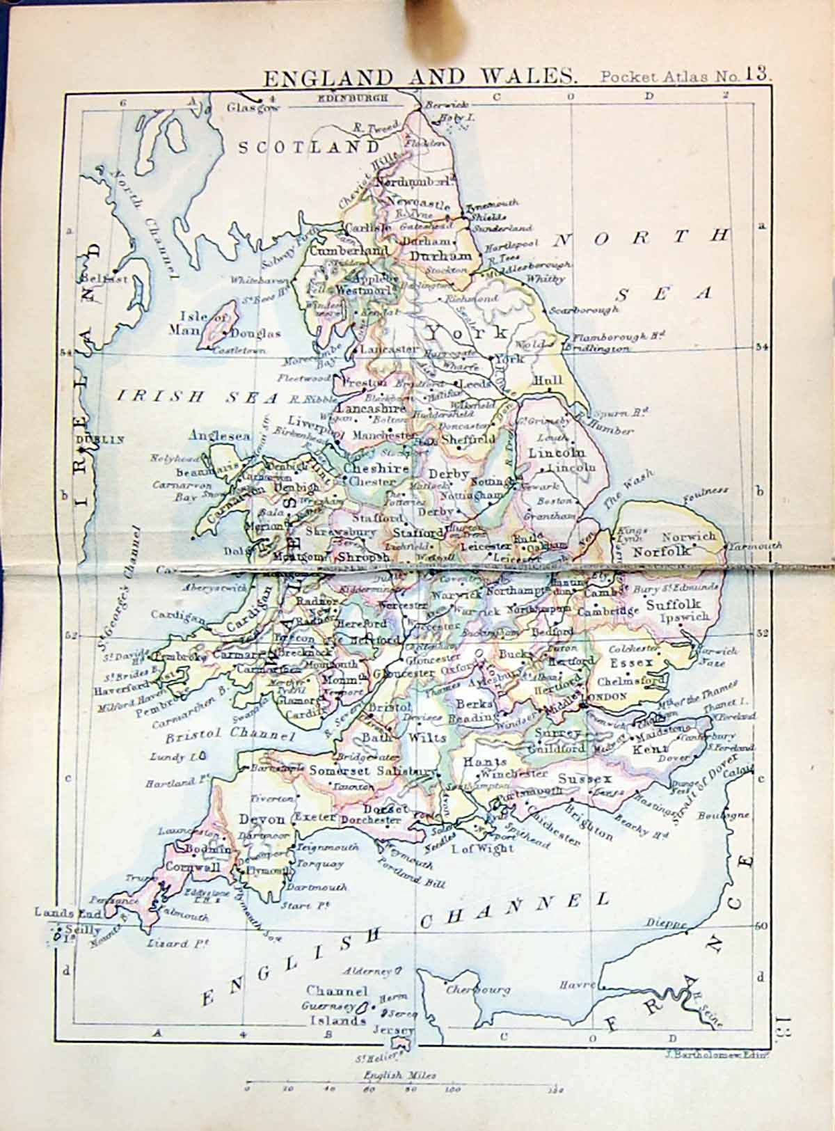 Antique Old Print Bartholomew Map 1886 England Wales Isle Man English Channel