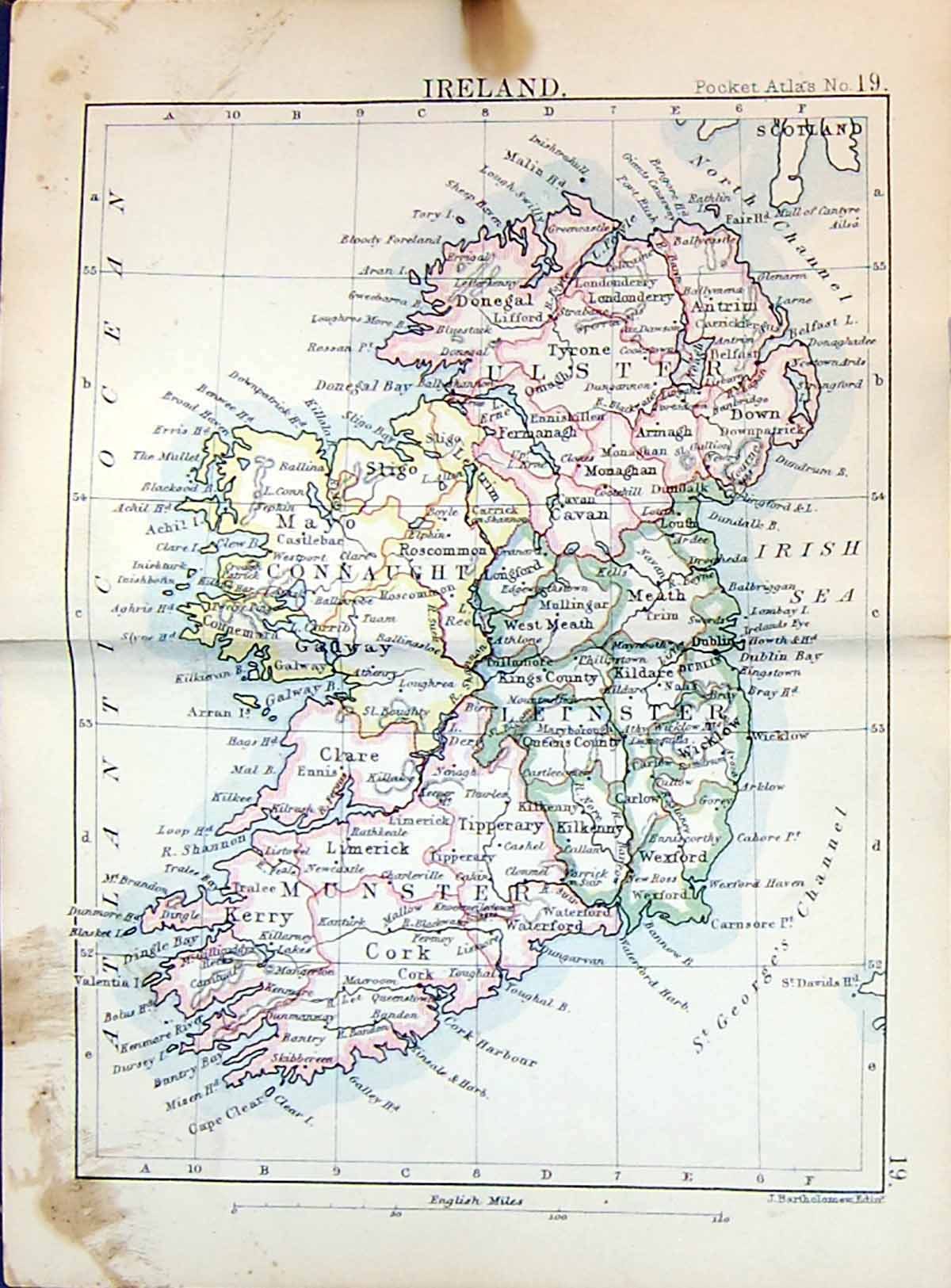 Old Bartholomew Map 1886 Ireland Connaught Cavan Munster Ulster Leins Victorian